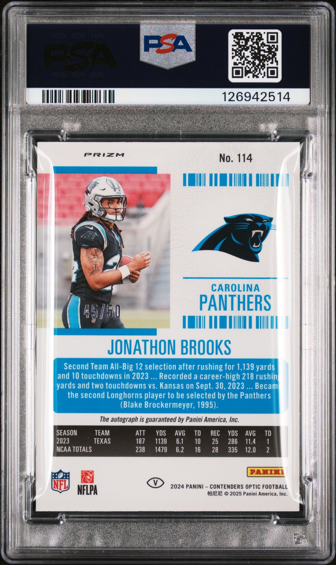 2024 Panini Contenders Optic Jonathon Brooks #114 (Variation-Autograph-Blue) Gem Mt 10 back