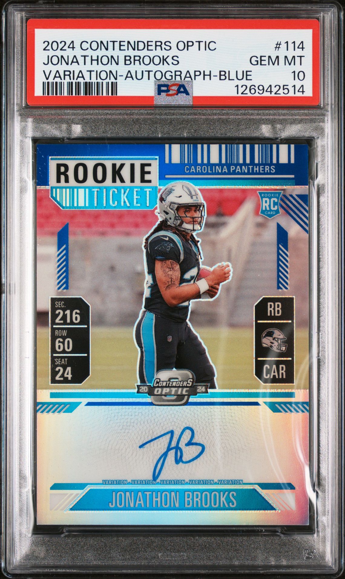 2024 Panini Contenders Optic Jonathon Brooks #114 (Variation-Autograph-Blue) Gem Mt 10 front
