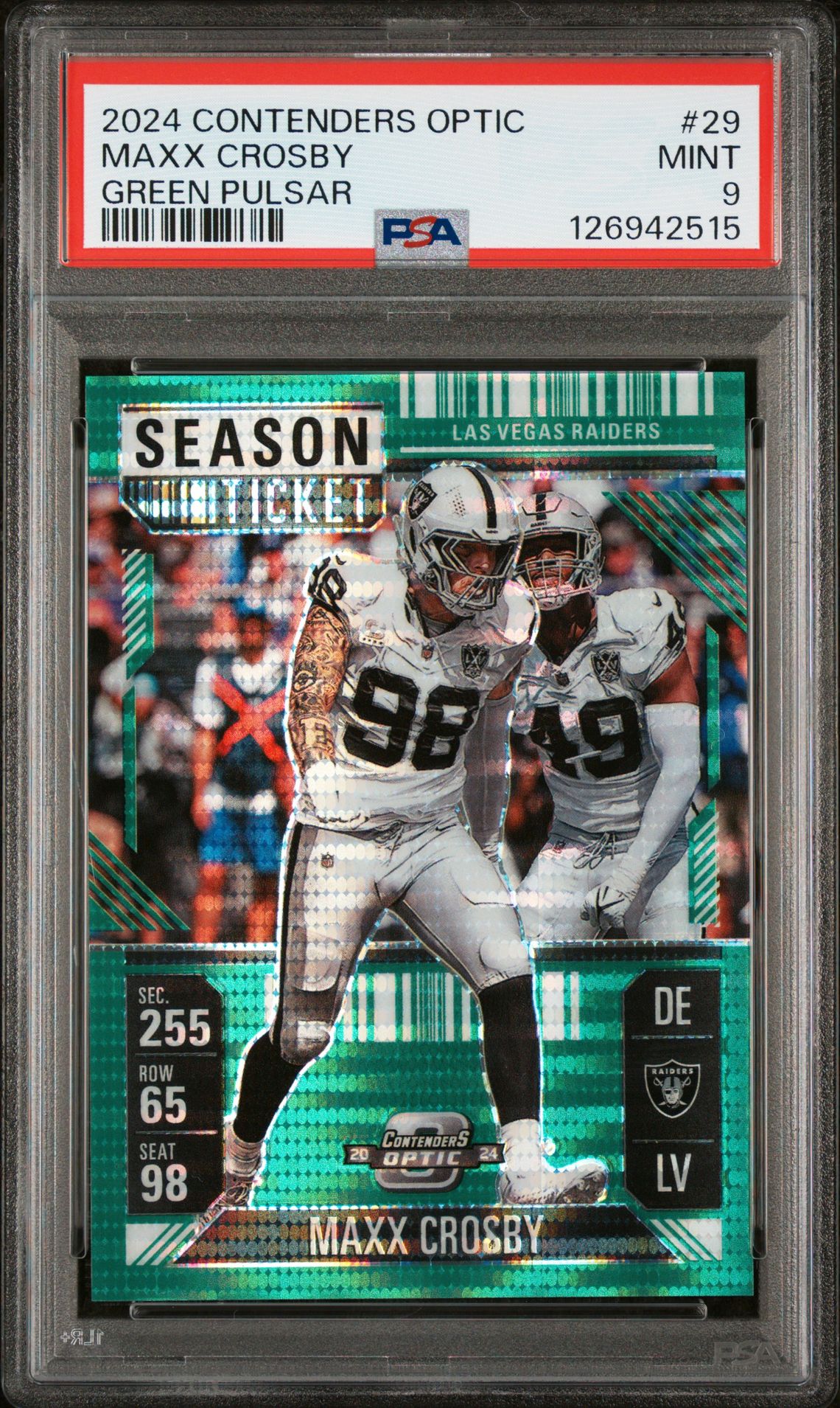 2024 Panini Contenders Optic Maxx Crosby #29 (Green Pulsar) Mint 9 front