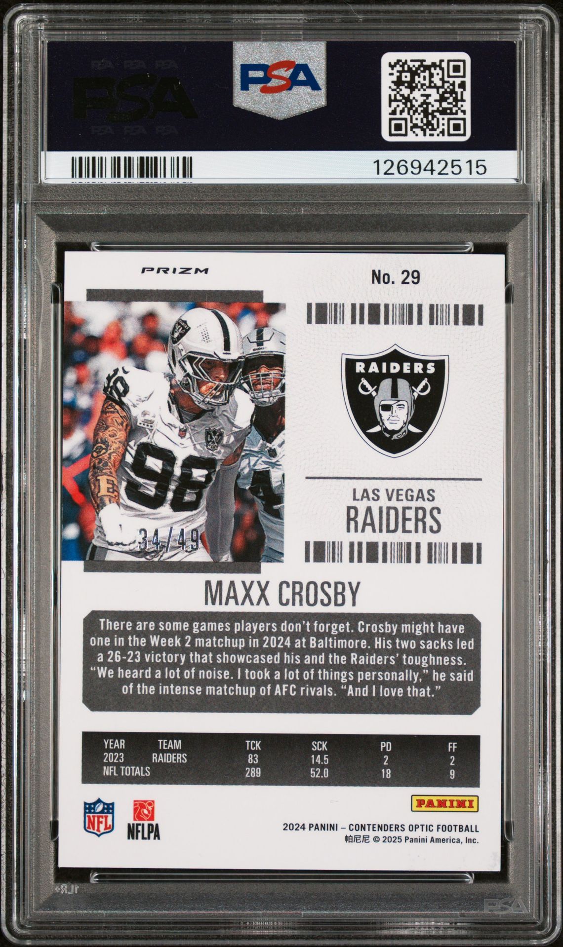 2024 Panini Contenders Optic Maxx Crosby #29 (Green Pulsar) Mint 9 back