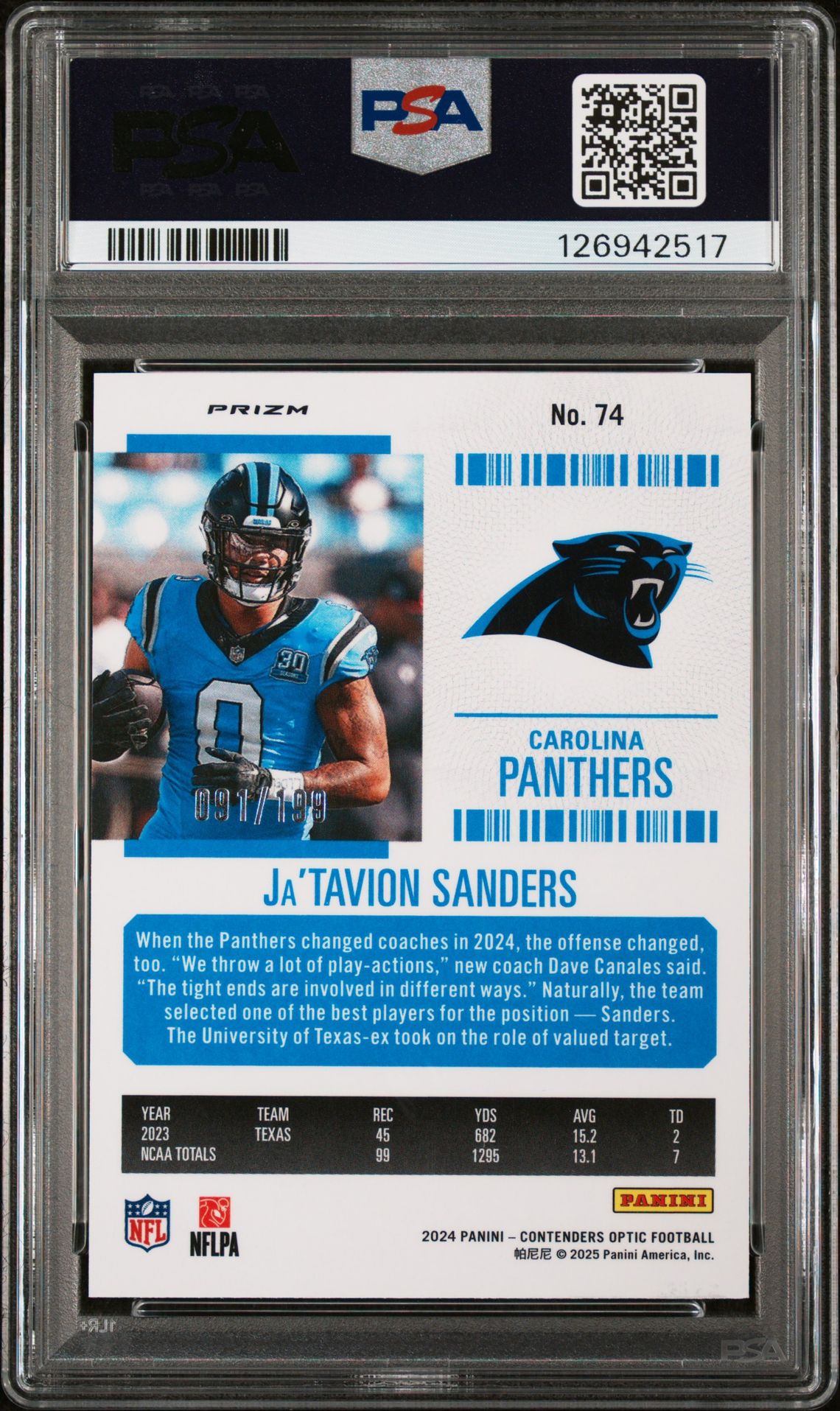 2024 Panini Contenders Optic Ja'tavion Sanders #74 (Red) Mint 9 back