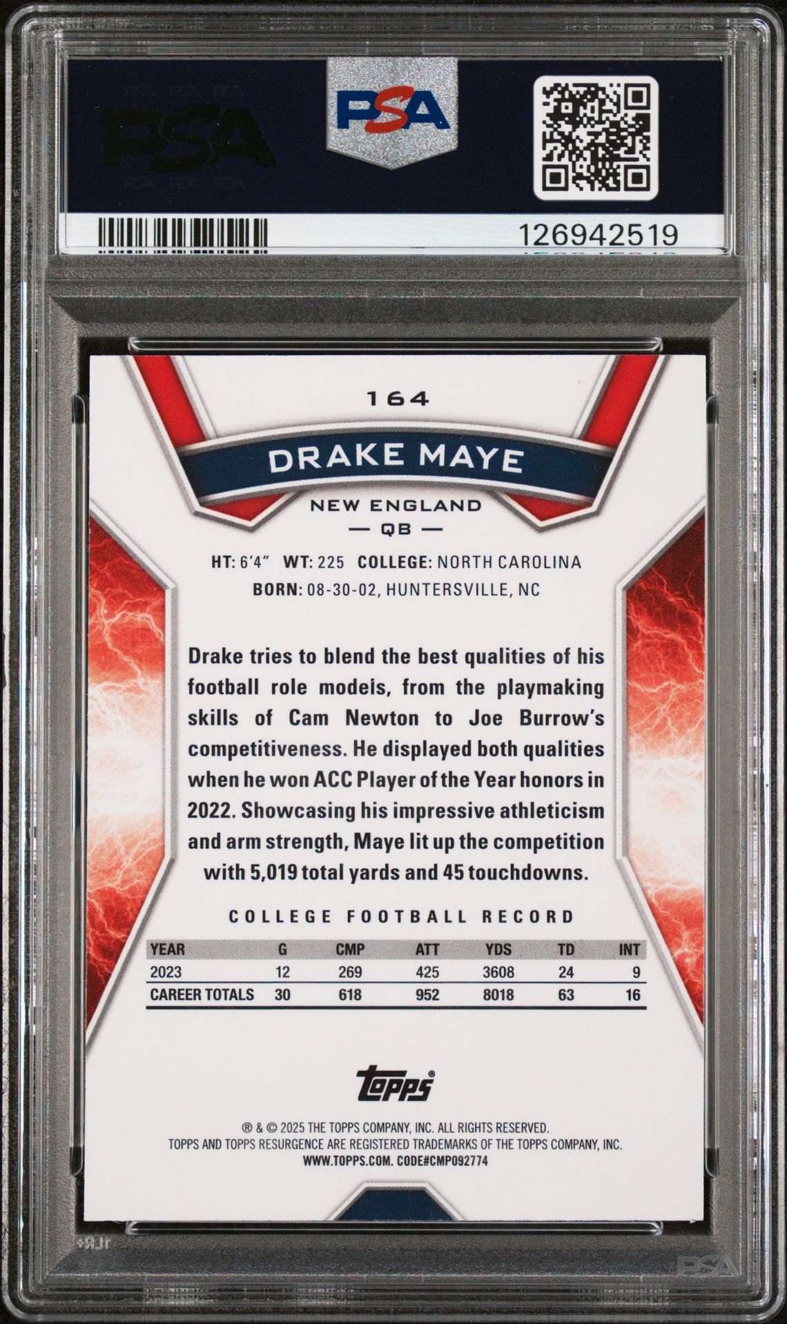 2024 Topps Resurgence Drake Maye #164 (Yellow Surge) Gem Mt 10 back