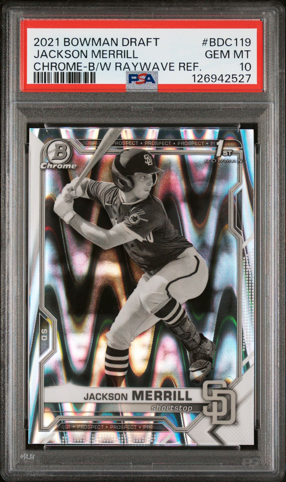 2021 Bowman Draft Jackson Merrill #Bdc119 (Chrome-B/W Raywave Ref.) Gem Mt 10 front
