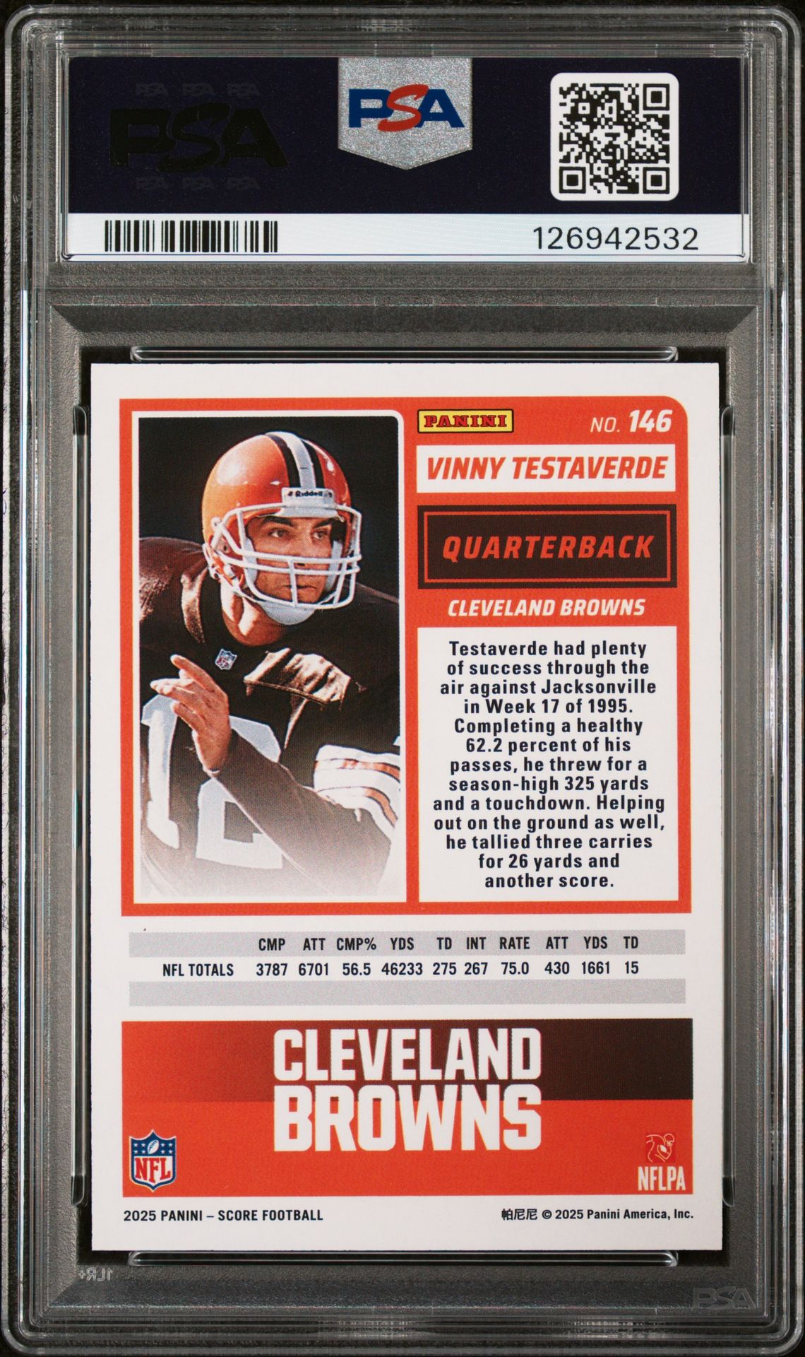 2025 Panini Score Vinny Testaverde #146 (Artist's Proof) Mint 9 back