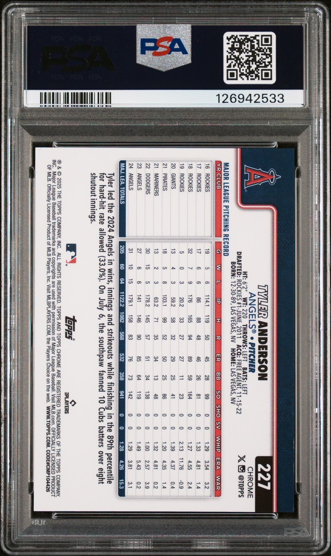 2025 Topps Chrome Tyler Anderson #227 (Gold Refractor) Gem Mt 10 back