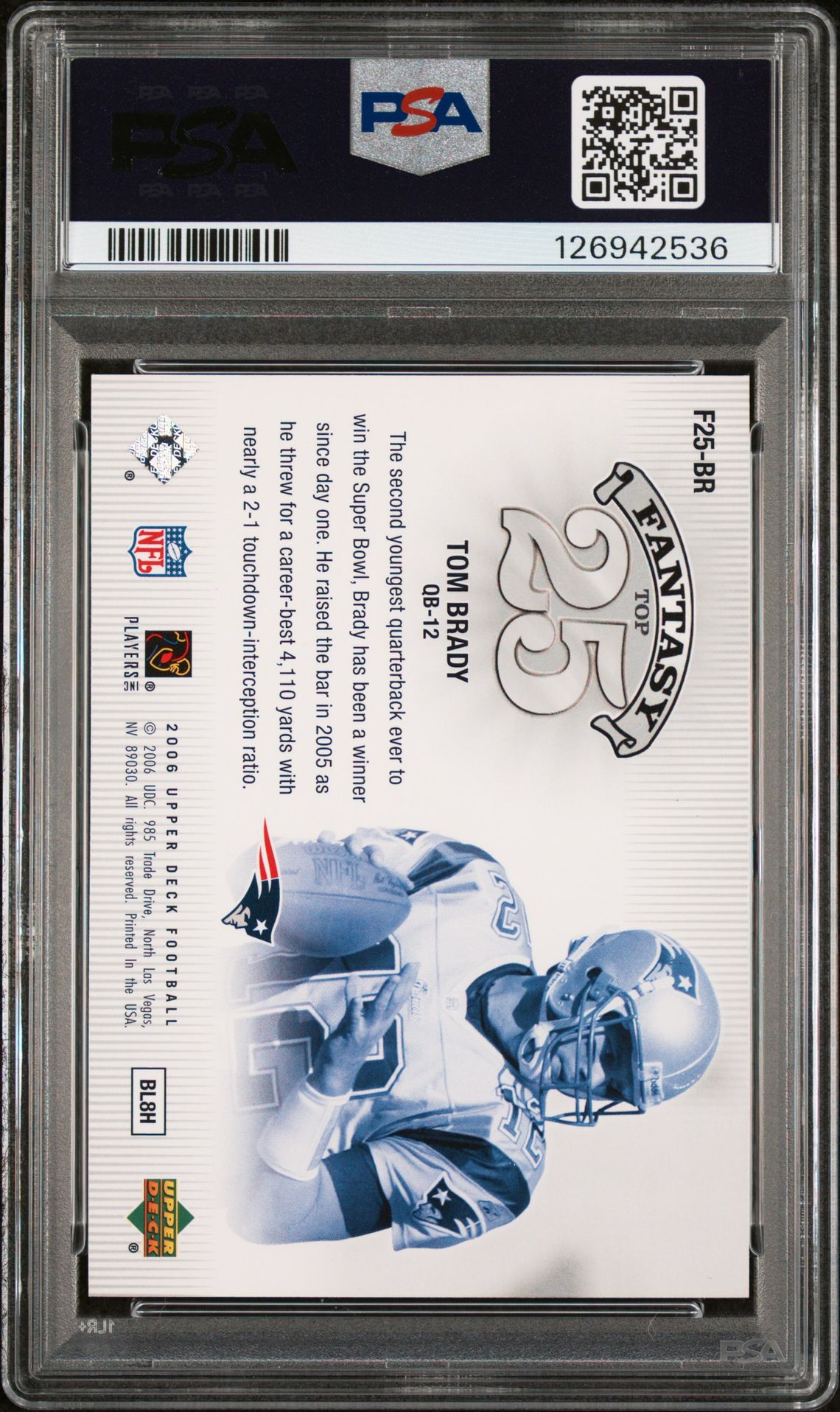 2006 Upper Deck Fantasy Top 25 Tom Brady #F25Br (Fantasy Top 25) Mint 9 back