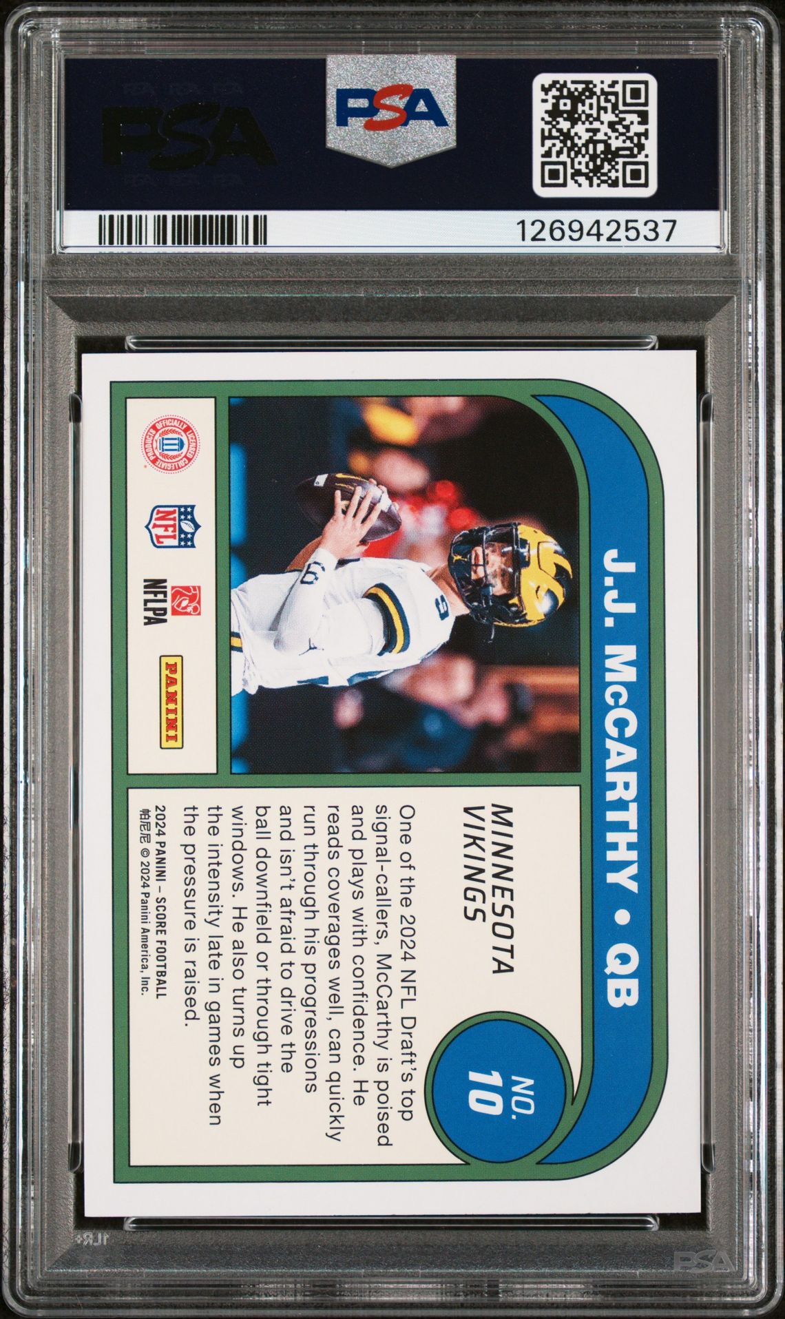 2024 Panini Score Protential Jj Mccarthy #10 Gem Mt 10 back