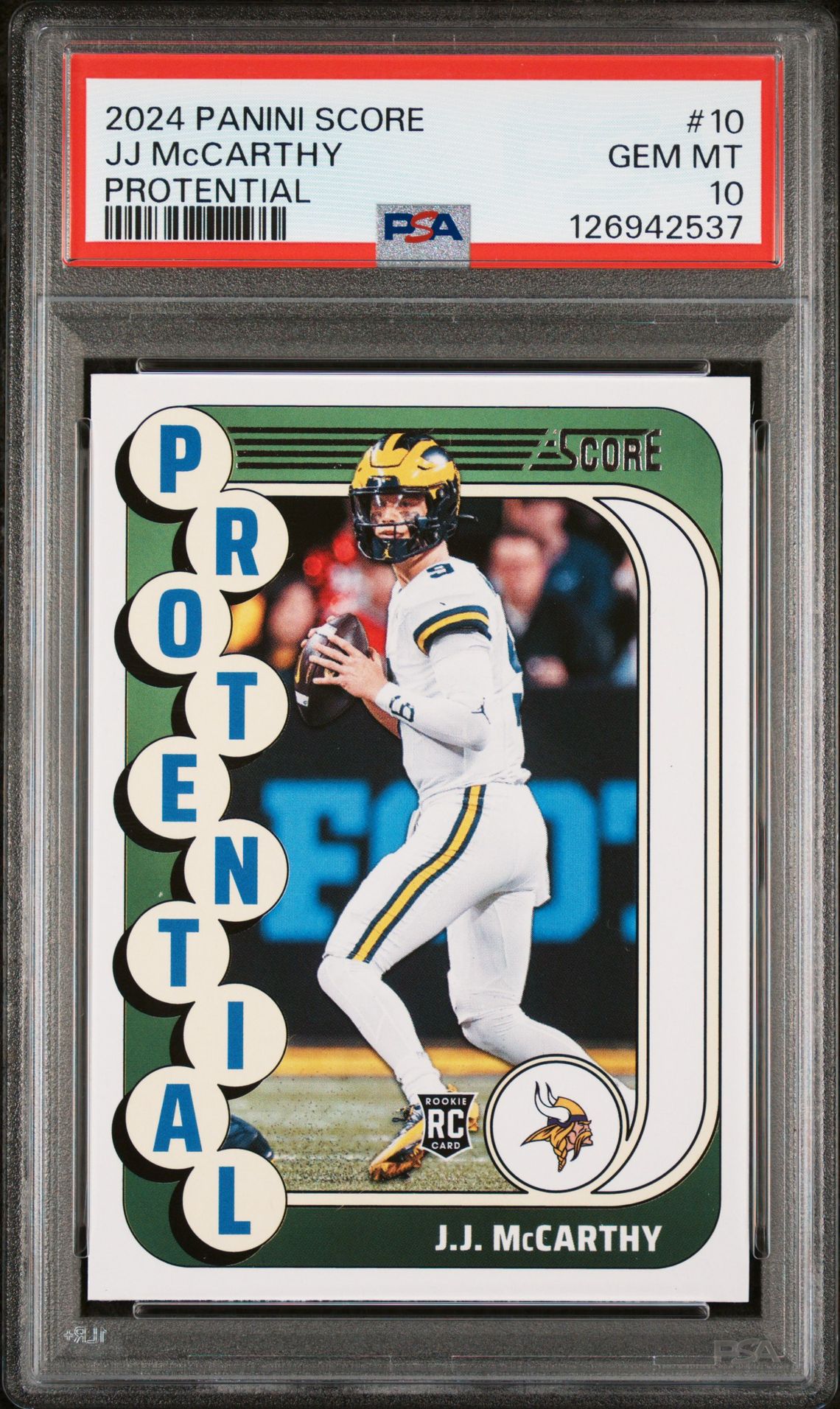 2024 Panini Score Protential Jj Mccarthy #10 Gem Mt 10 front