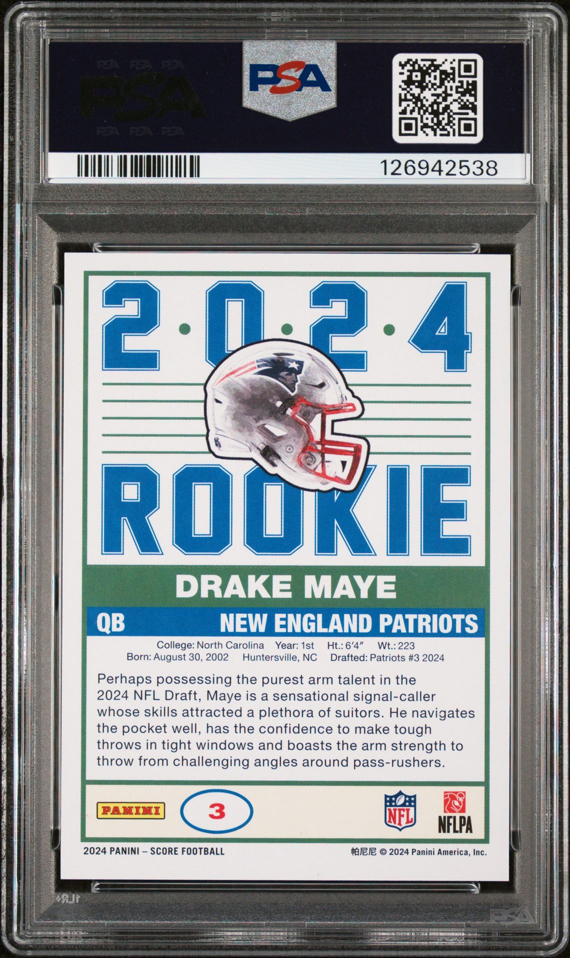 2024 Panini Score 35Th Anniversary Rookie Drake Maye #3 Gem Mt 10 back