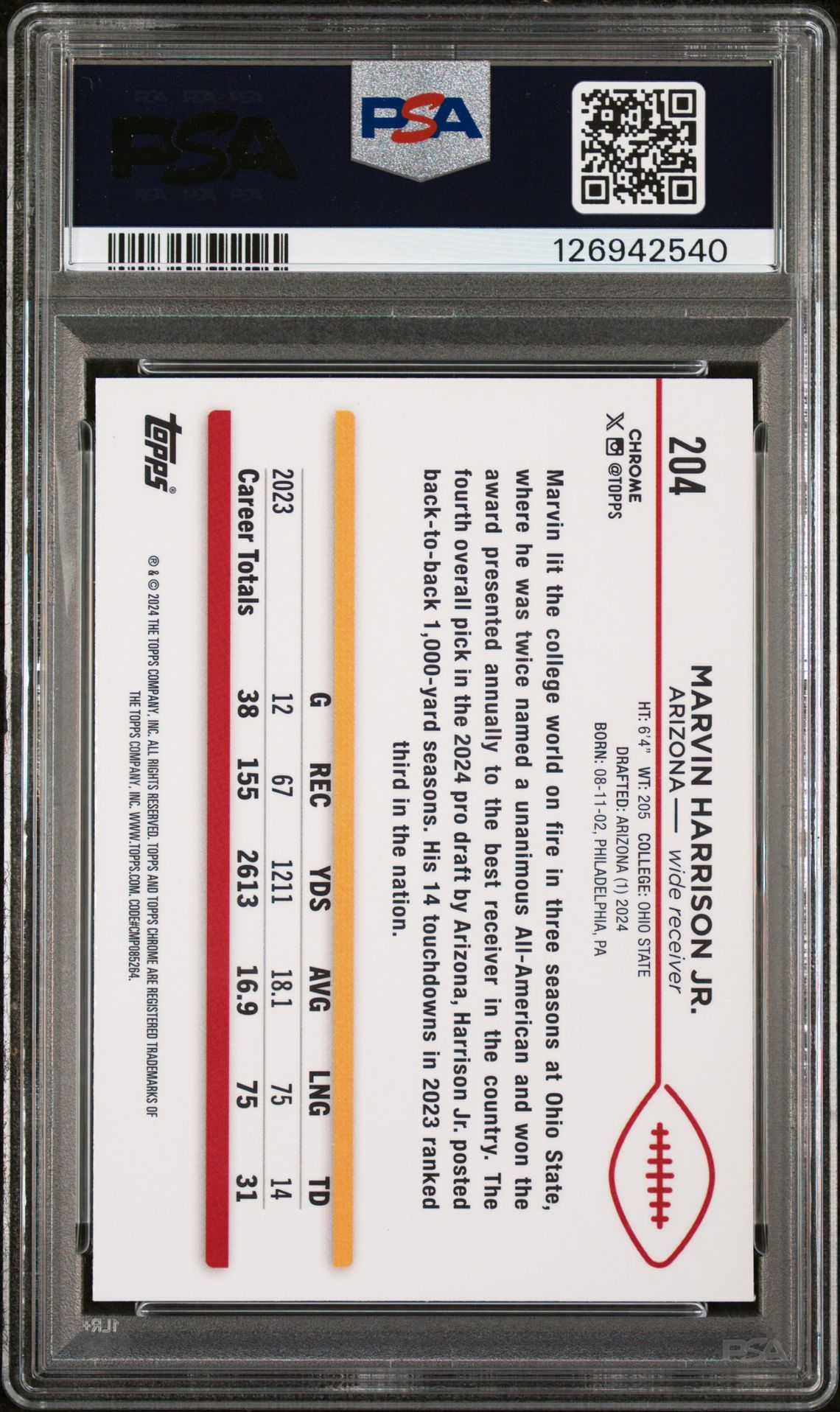 2024 Topps Chrome Marvin Harrison Jr. #204 Gem Mt 10 back