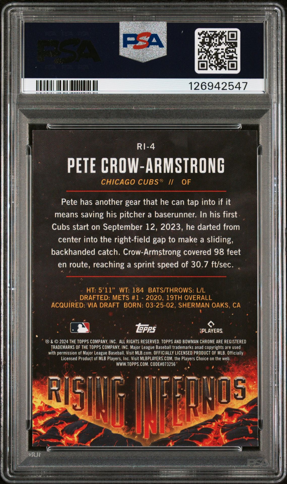 2024 Bowman Rising Infernos Pete Crow-Armstrong #Ri4 Gem Mt 10 back