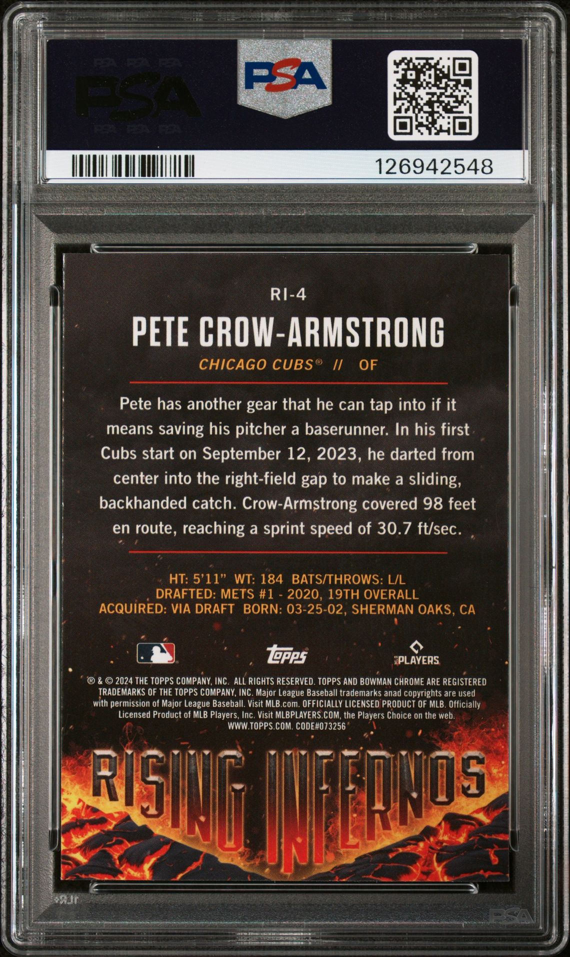 2024 Bowman Rising Infernos Pete Crow-Armstrong #Ri4 Gem Mt 10 back