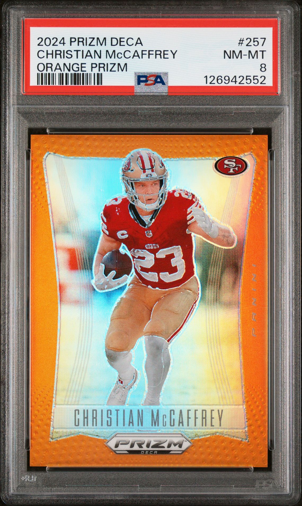 2024 Panini Prizm Deca Christian Mccaffrey #257 (Orange Prizm) Nm-Mt 8 front