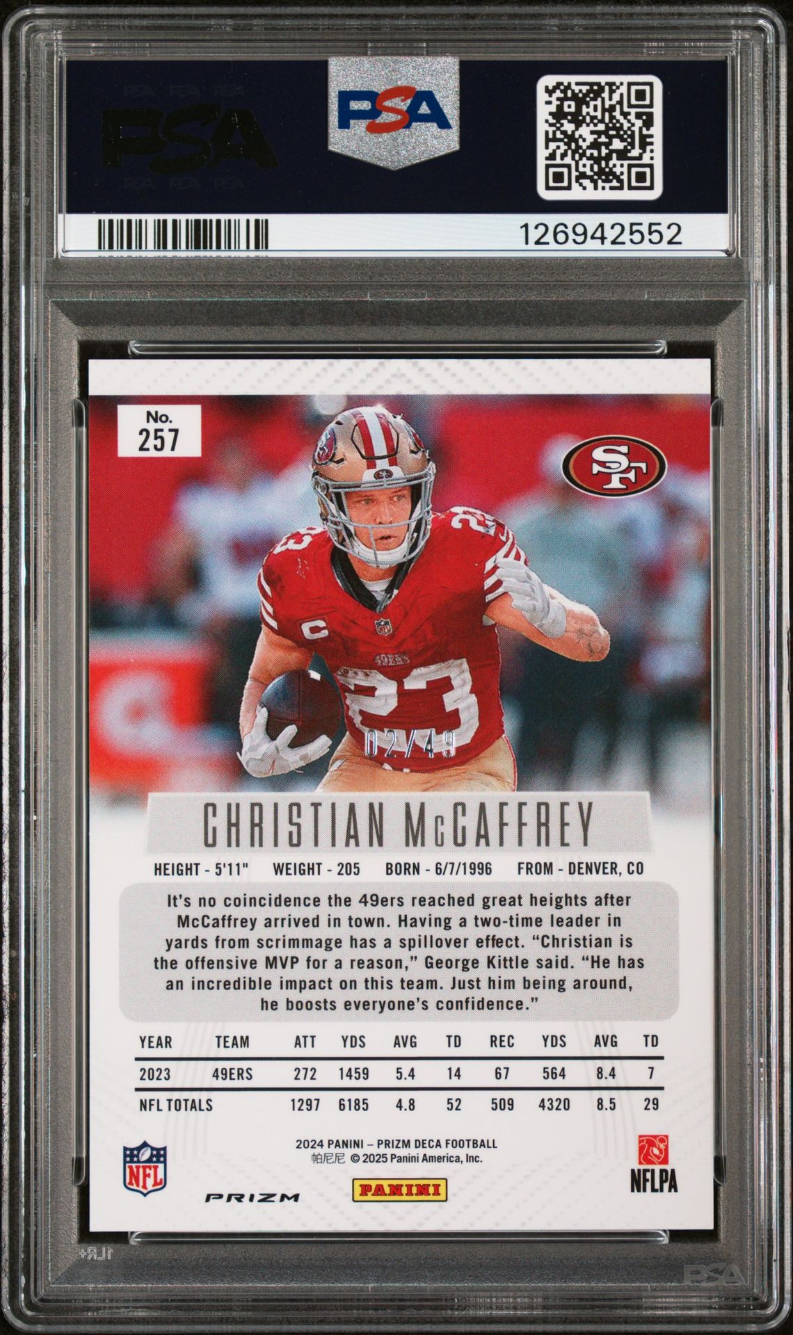 2024 Panini Prizm Deca Christian Mccaffrey #257 (Orange Prizm) Nm-Mt 8 back