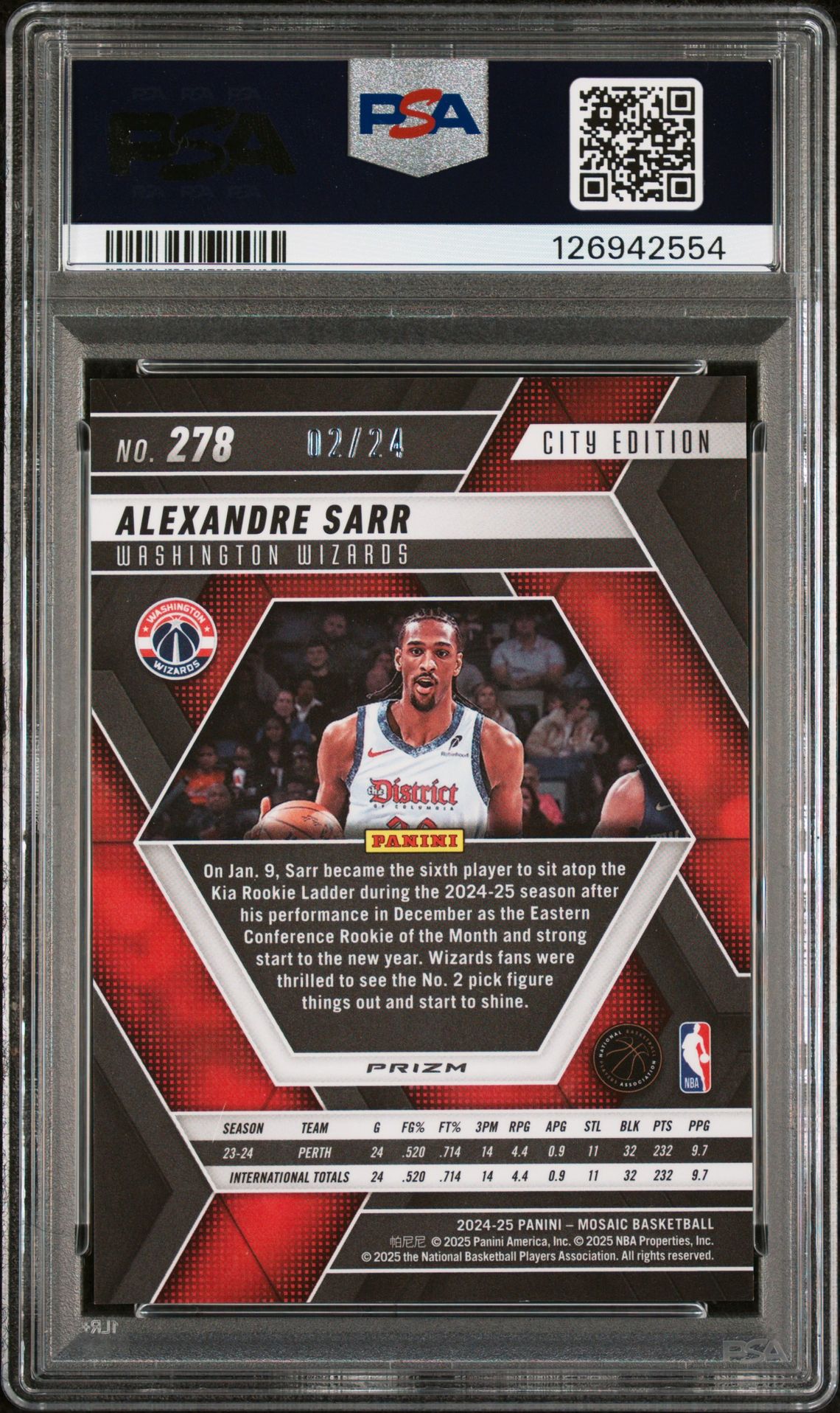 2024 Panini Mosaic Alexandre Sarr #278 (Purple Snakeskin) Gem Mt 10 back