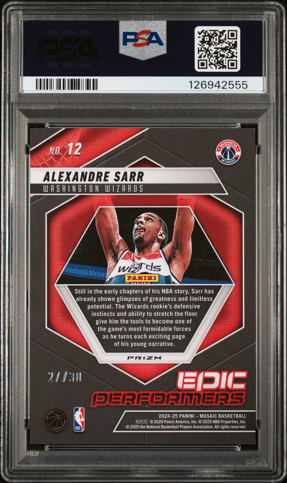 2024 Panini Mosaic Epic Performers Alexandre Sarr #12 (Epic Performers-Blue Flr) Gem Mt 10 back