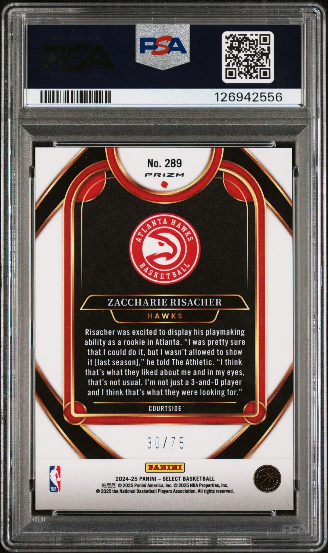 2024 Panini Select Zaccharie Risacher #289 (White Disco) Gem Mt 10 back