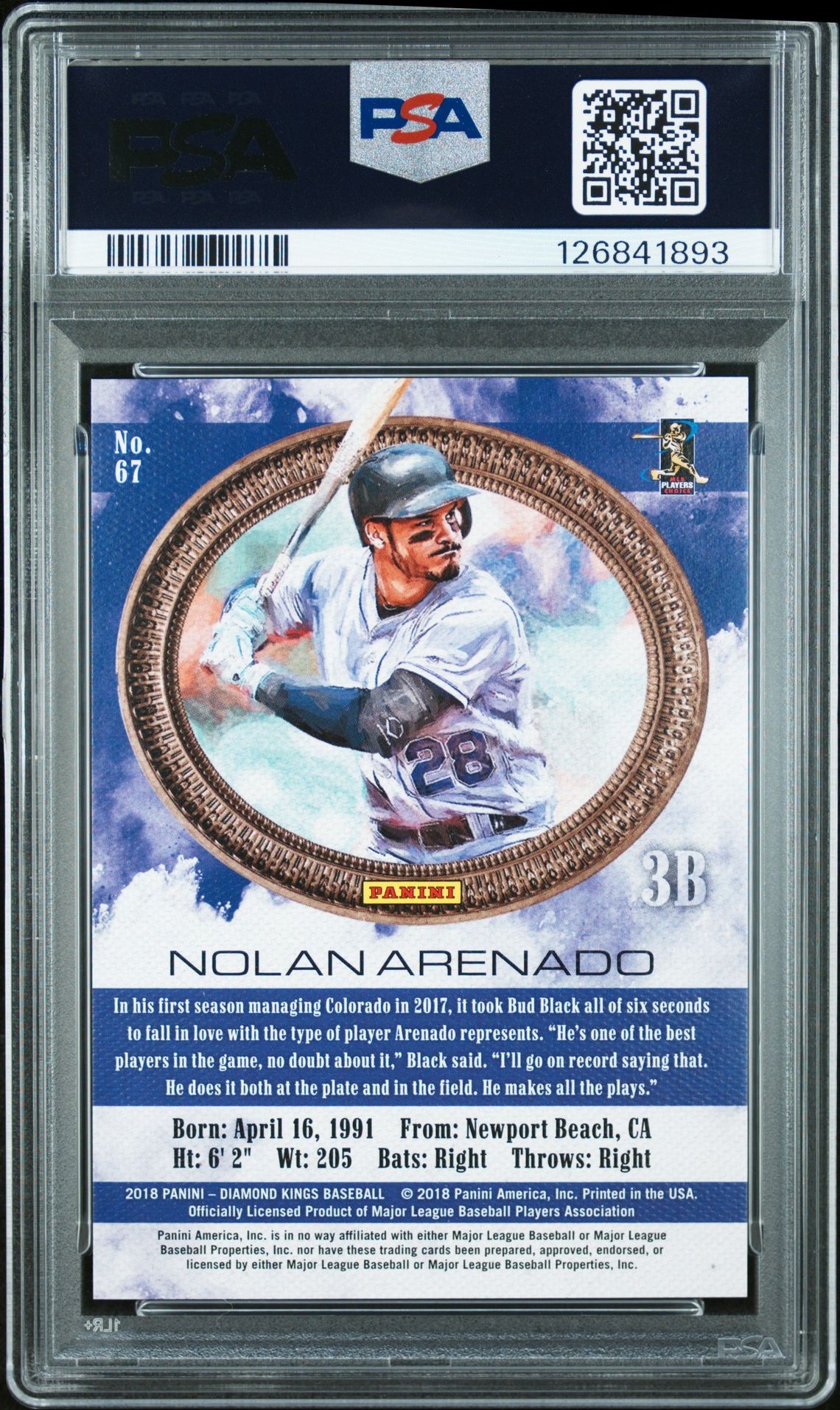 2018 Panini Diamond Kings Nolan Arenado #67 (Green Frame) Gem Mt 10 back