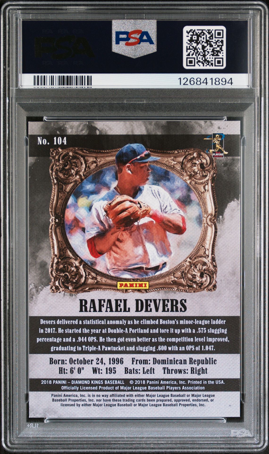 2018 Panini Diamond Kings Rafael Devers #104 (Black & White-Brown Frame) Mint 9 back