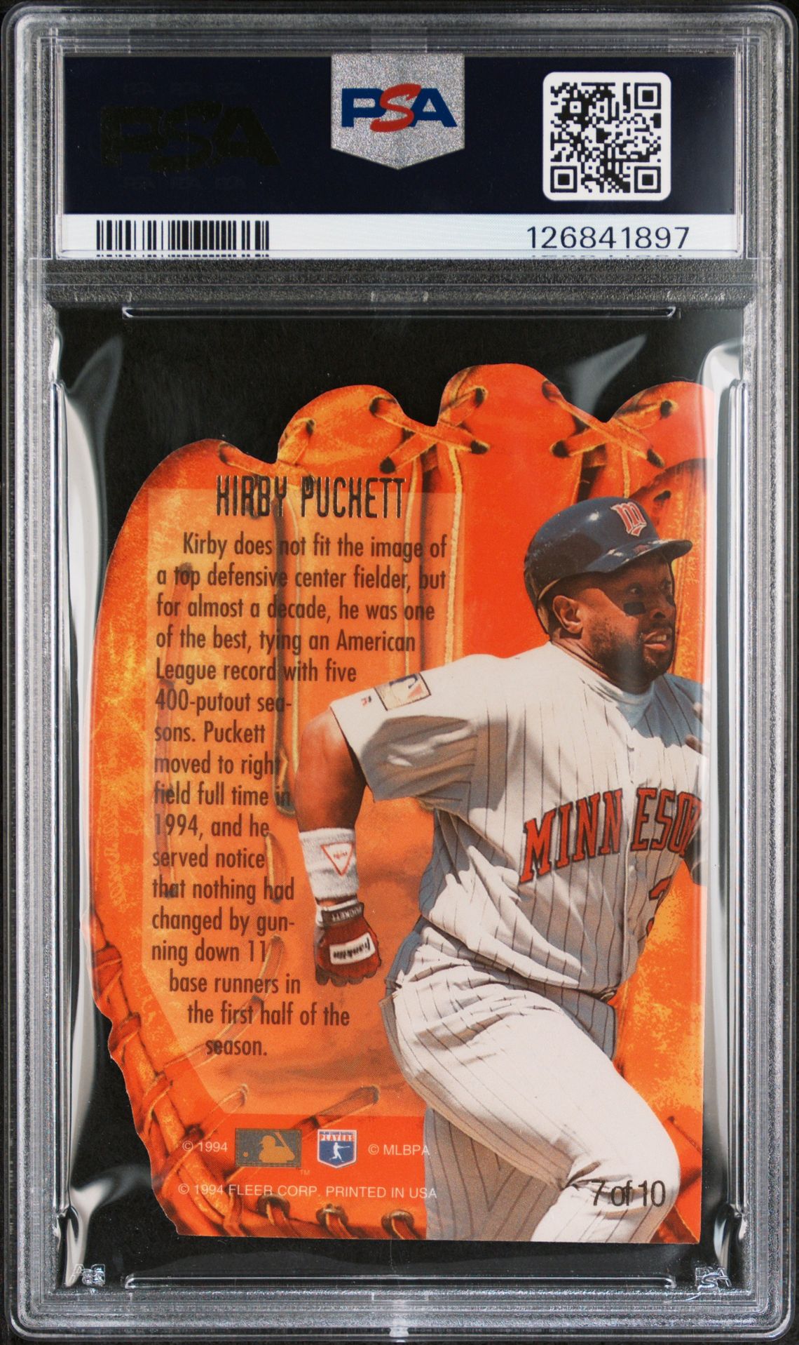 1994 Flair Hot Glove Kirby Puckett #7 Mint 9 back