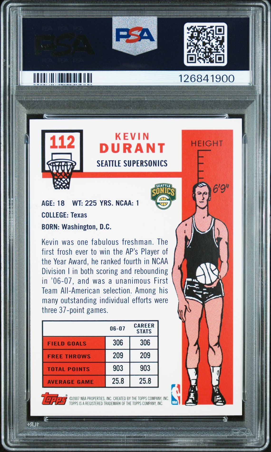2007 Topps Kevin Durant #112 (1957-58 Variation) Mint 9 back