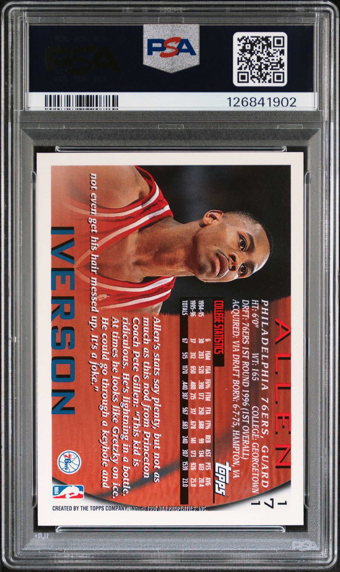 1996 Topps Allen Iverson #171 Mint 9 back