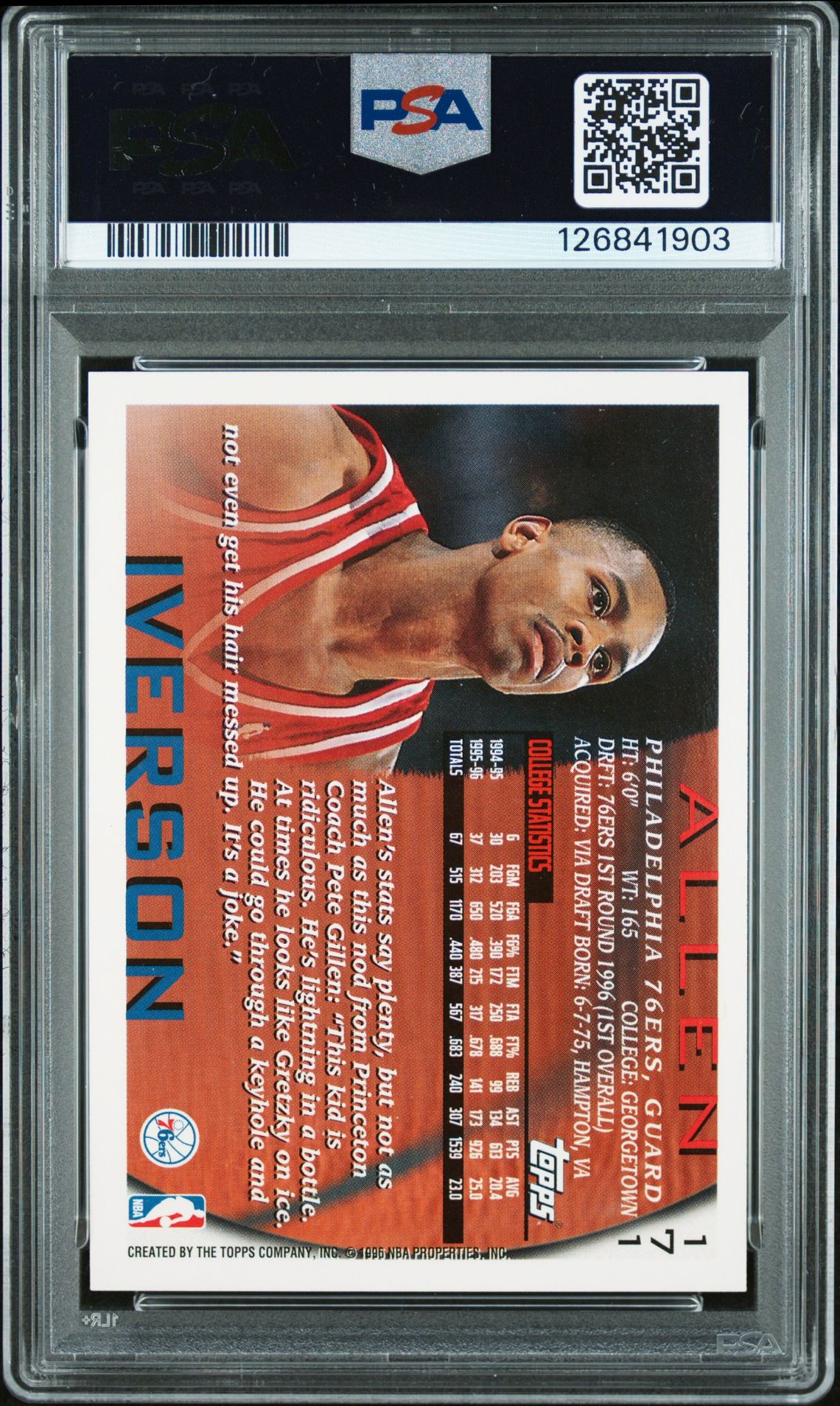 1996 Topps Allen Iverson #171 Mint 9 back