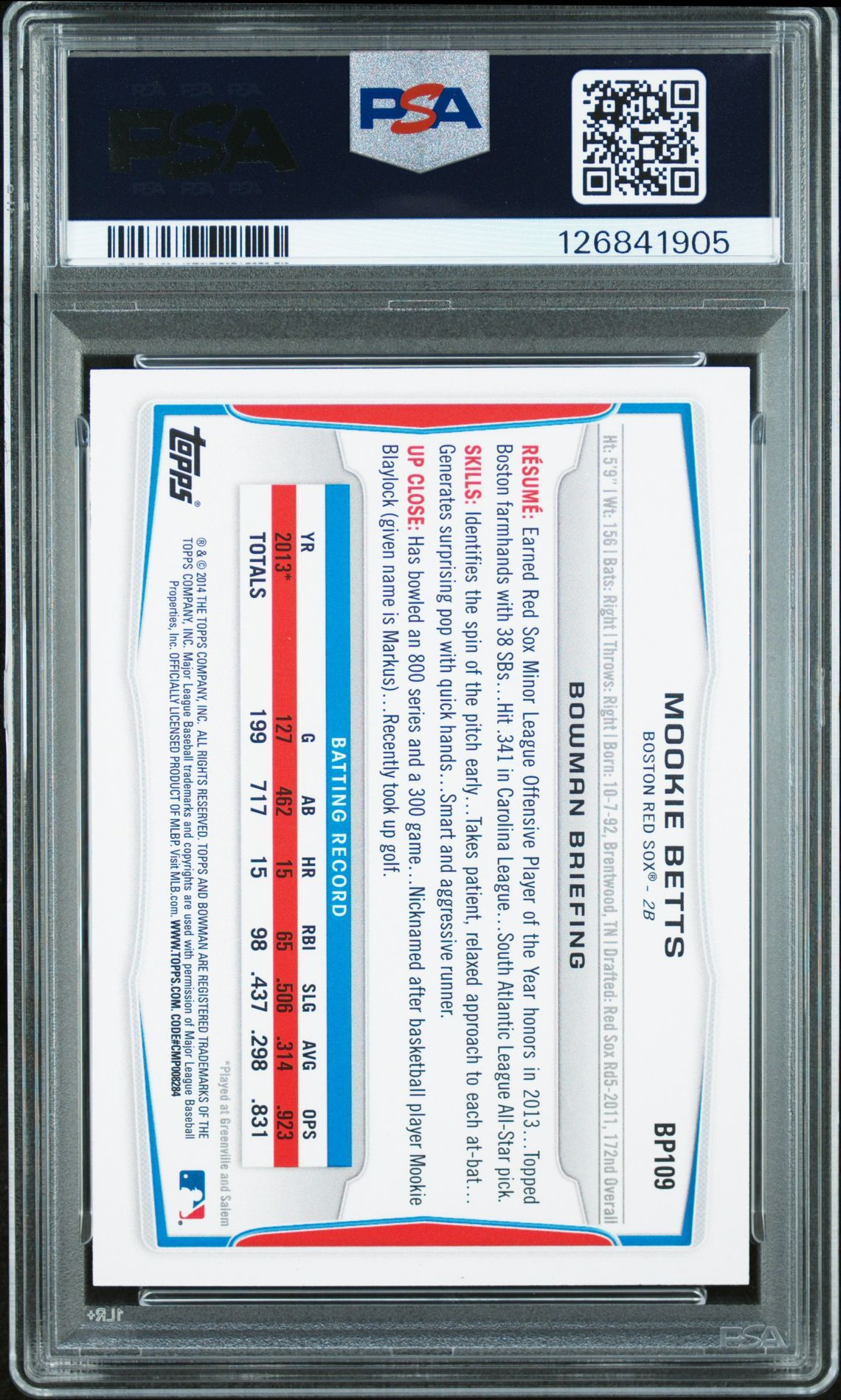 2014 Bowman Prospects Mookie Betts #Bp109 Gem Mt 10 back