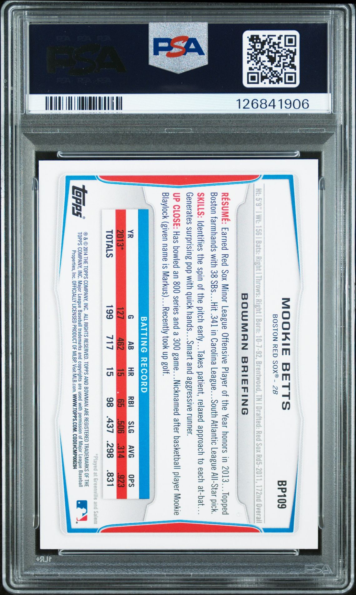 2014 Bowman Prospects Mookie Betts #Bp109 Mint 9 back