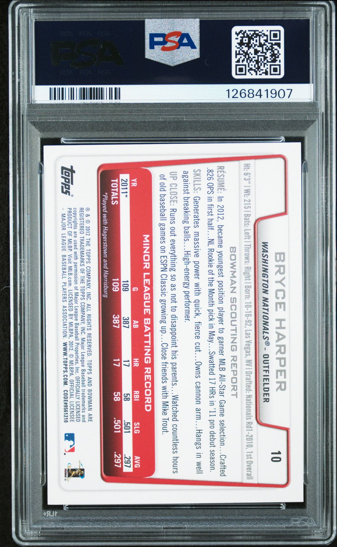 2012 Bowman Draft Bryce Harper #10 Mint 9 back