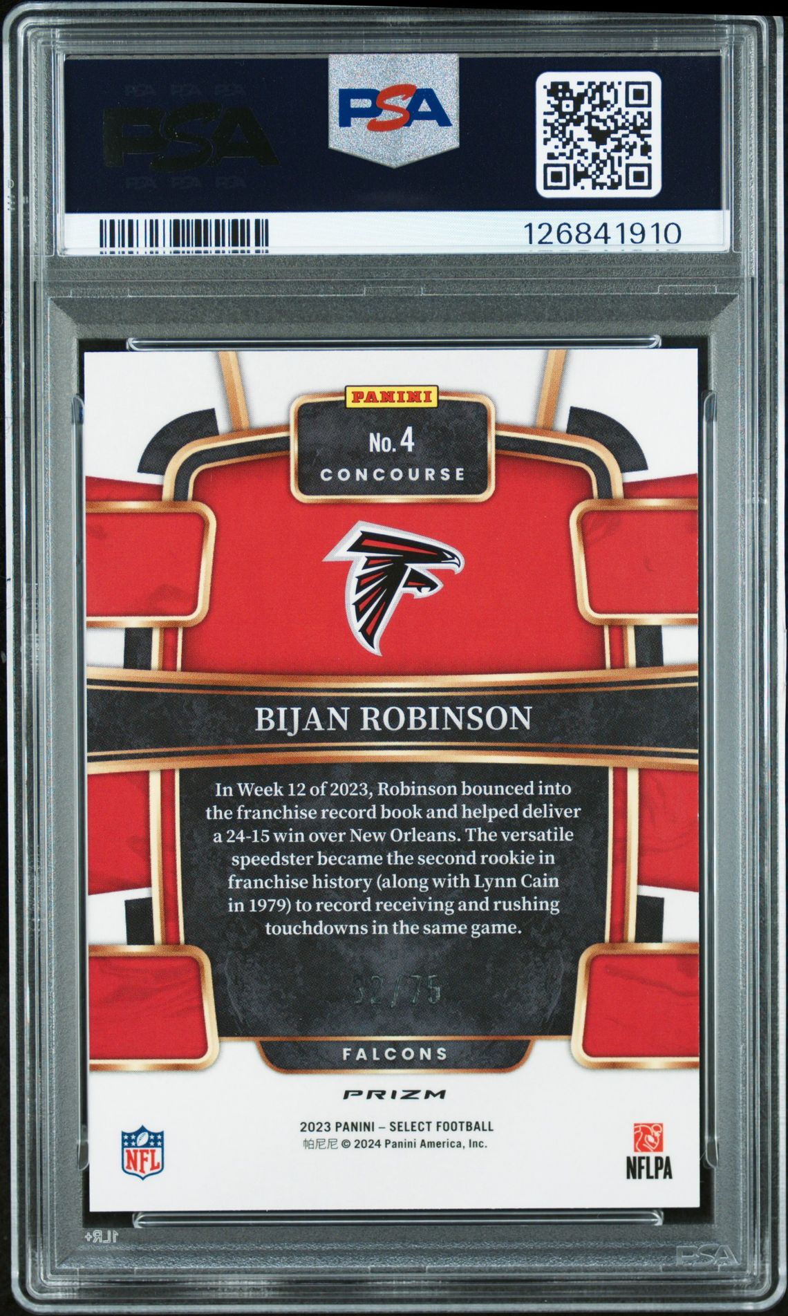 2023 Panini Select Bijan Robinson #4 (Purple Prizm) Mint 9 back