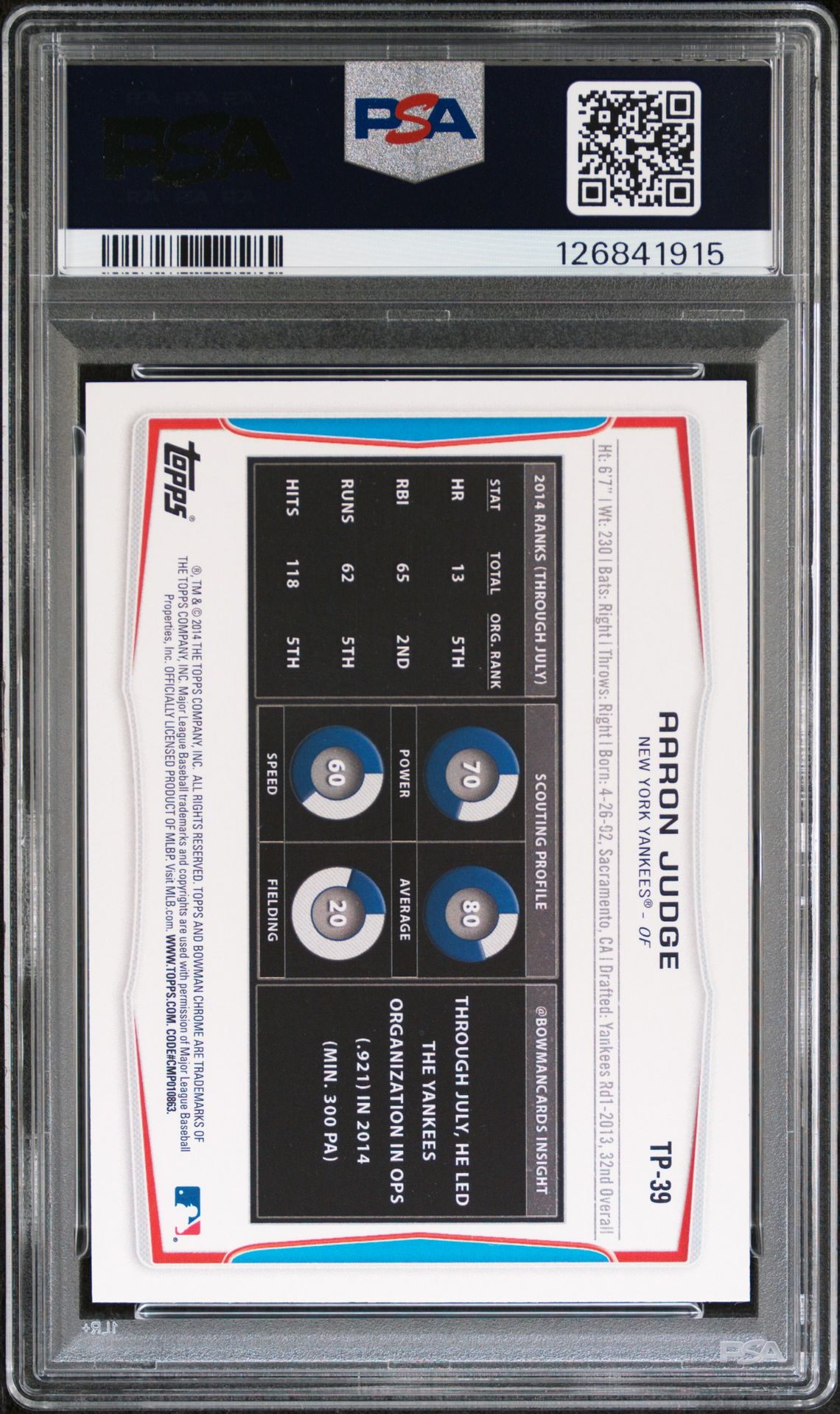 2014 Bowman Draft Picks Top Prospects Aaron Judge #Tp39 (Top Prospects) Mint 9 back