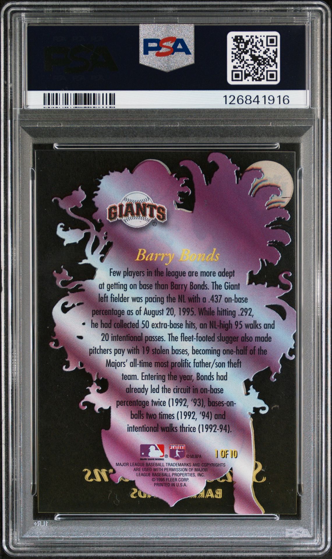 1996 Ultra Season Crowns Barry Bonds #1 (Season Crowns-Gold Med.) Mint 9 back