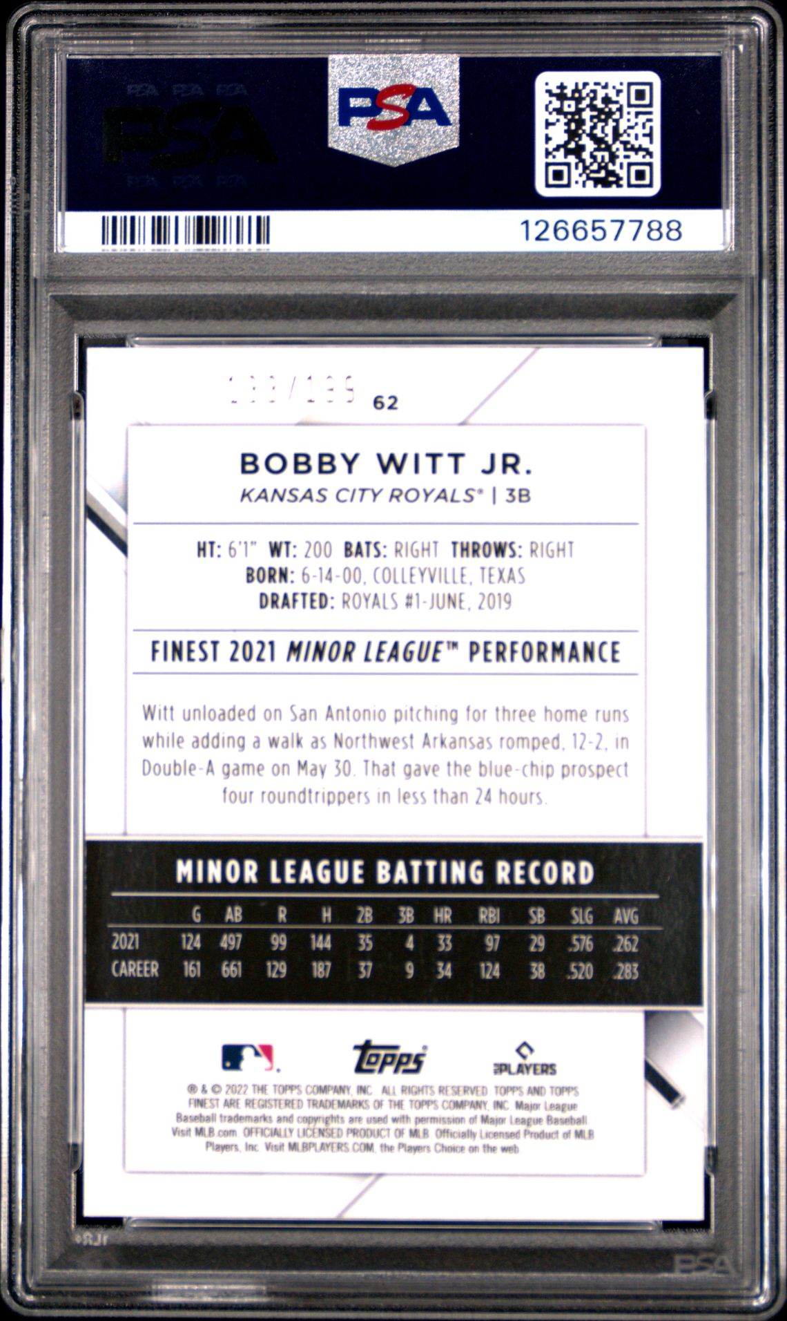 2022 Topps Finest Bobby Witt Jr. #62 (Aqua Refractor) Gem Mt 10 back