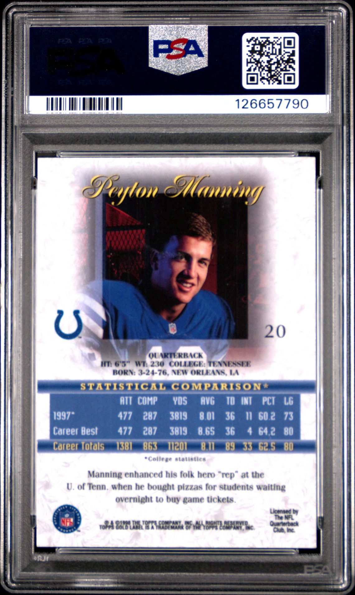 1998 Topps Gold Label Class 3 Peyton Manning #20 (Class 3) Nm-Mt 8 back