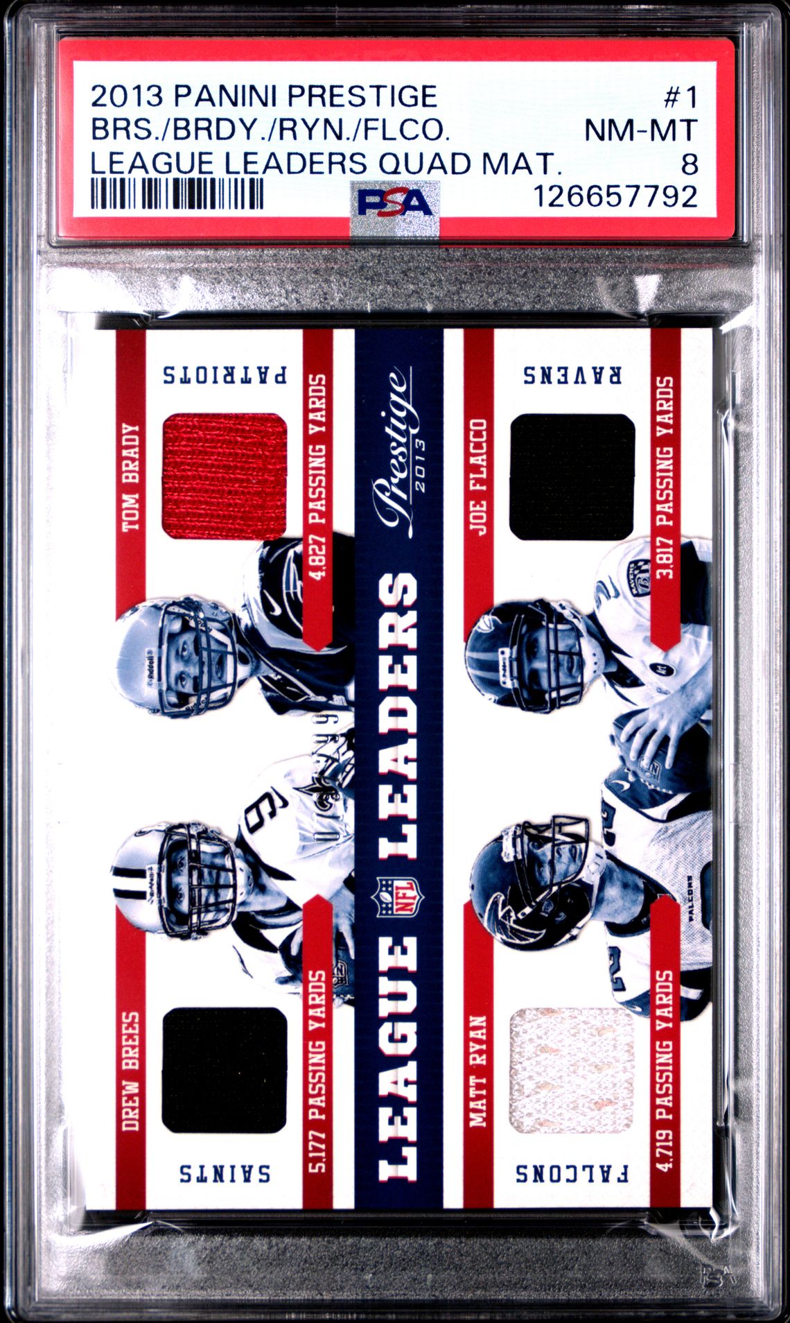 2013 Panini Prestige League Leaders Quad Materials Brs./Brdy./Ryn./Flco. #1 (League Leaders Quad Mat.) Nm-Mt 8 front