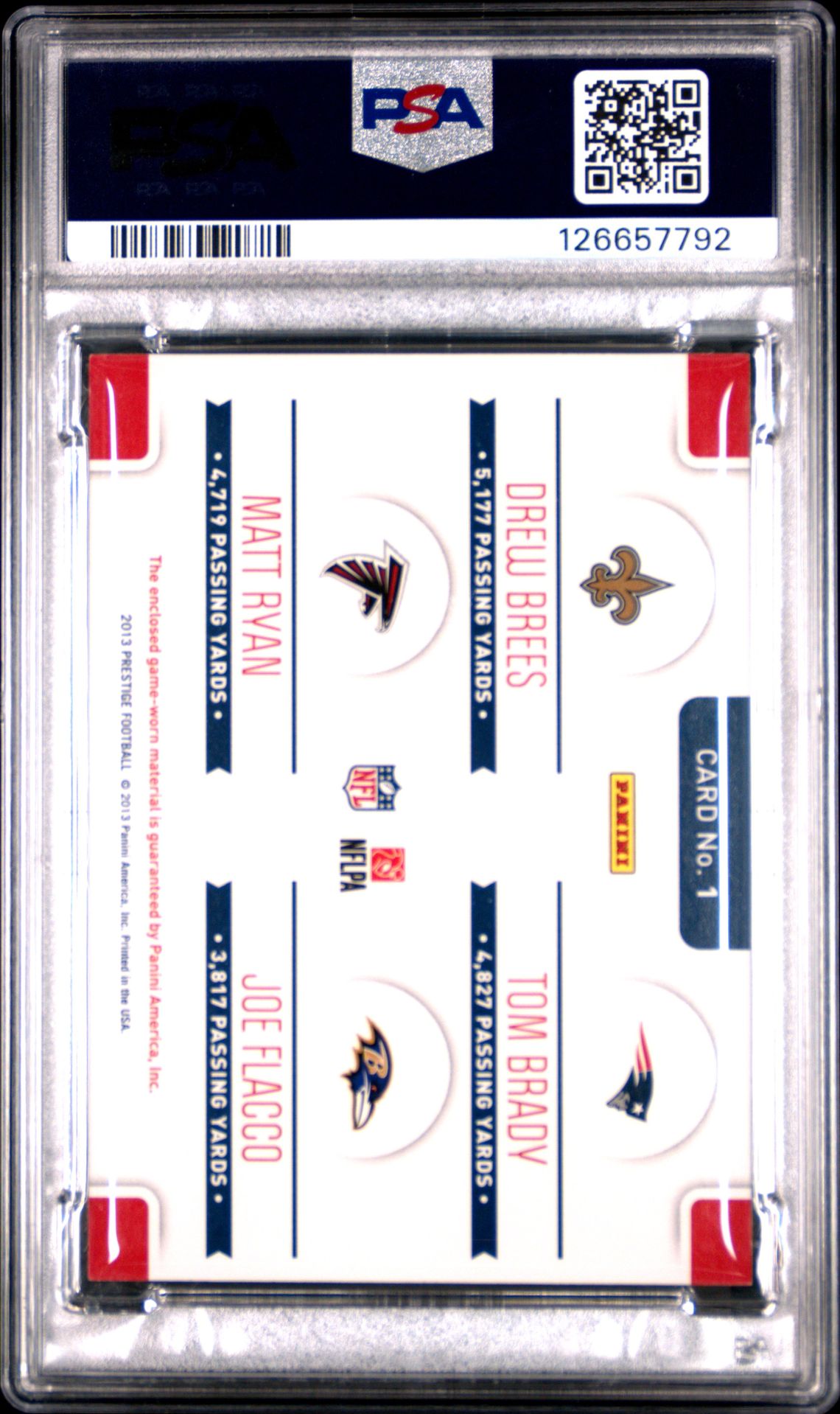 2013 Panini Prestige League Leaders Quad Materials Brs./Brdy./Ryn./Flco. #1 (League Leaders Quad Mat.) Nm-Mt 8 back