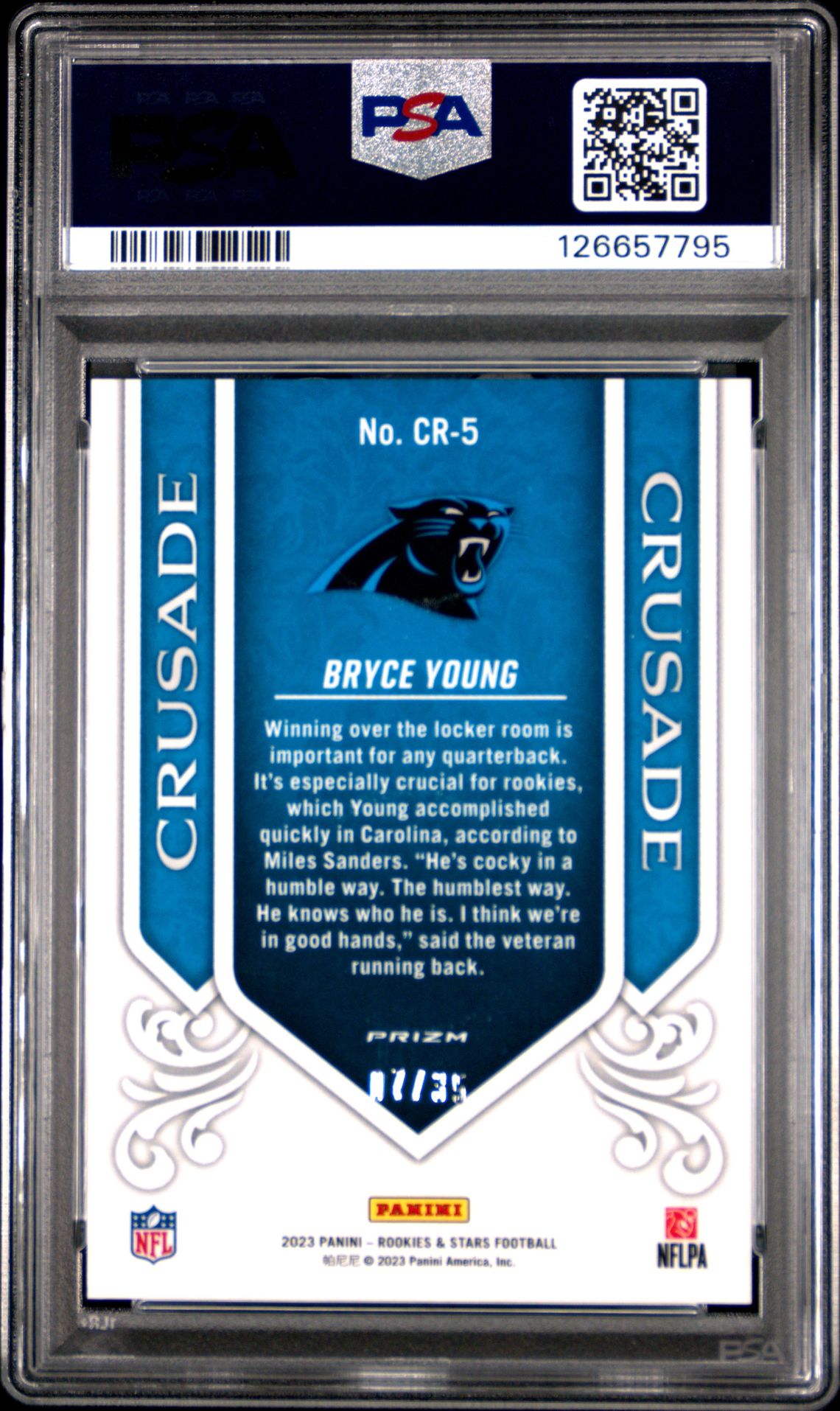 2023 Panini Rookies & Stars Crusade Bryce Young #Cr5 (Crusade-Purple) Gem Mt 10 back