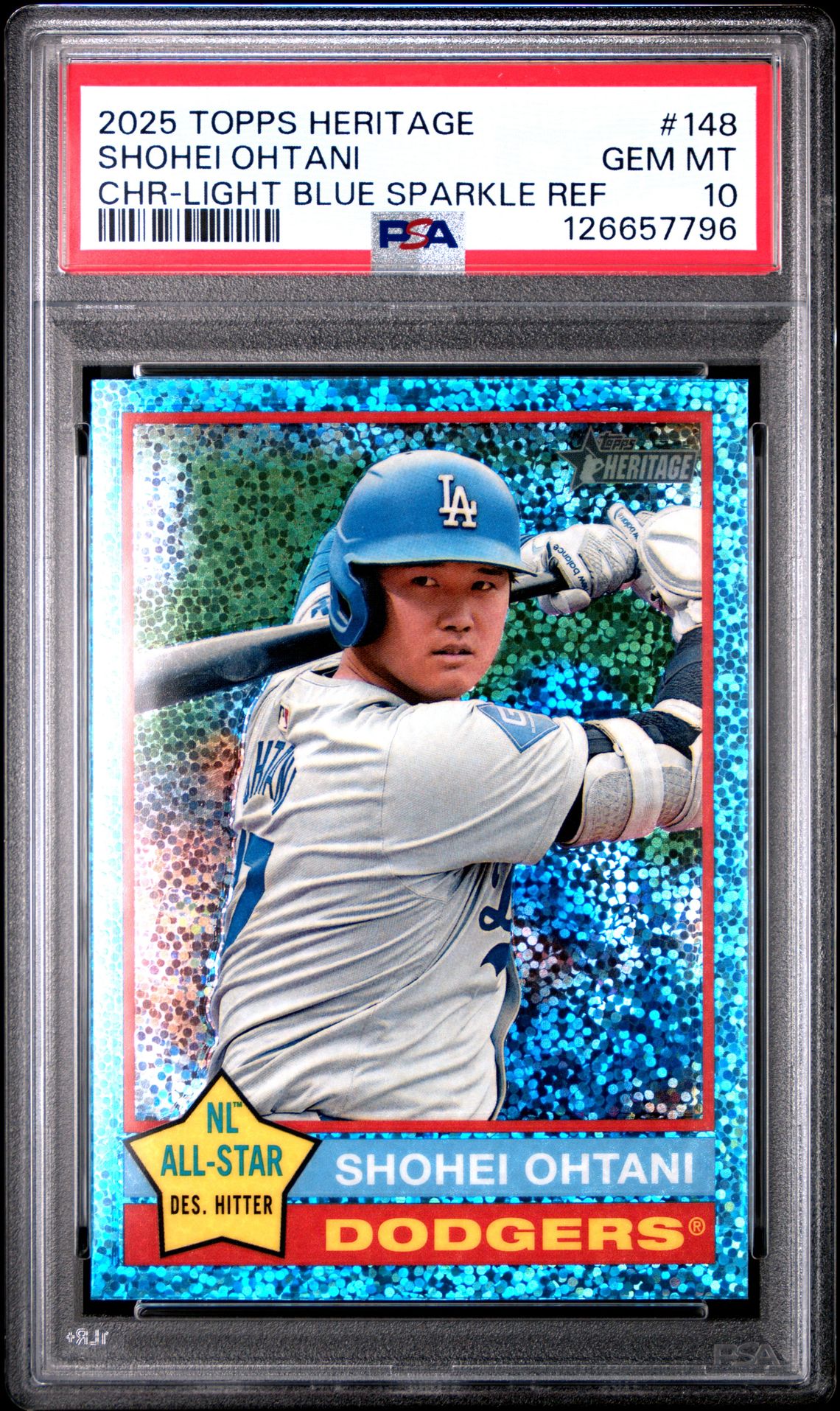 2025 Topps Heritage Shohei Ohtani #148 (Chr-Light Blue Sparkle Ref) Gem Mt 10 front