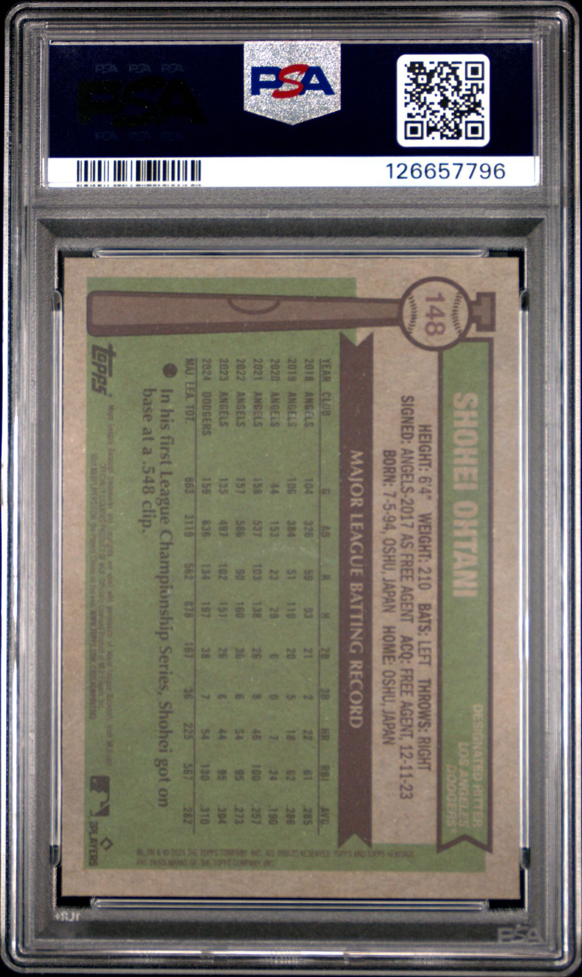 2025 Topps Heritage Shohei Ohtani #148 (Chr-Light Blue Sparkle Ref) Gem Mt 10 back