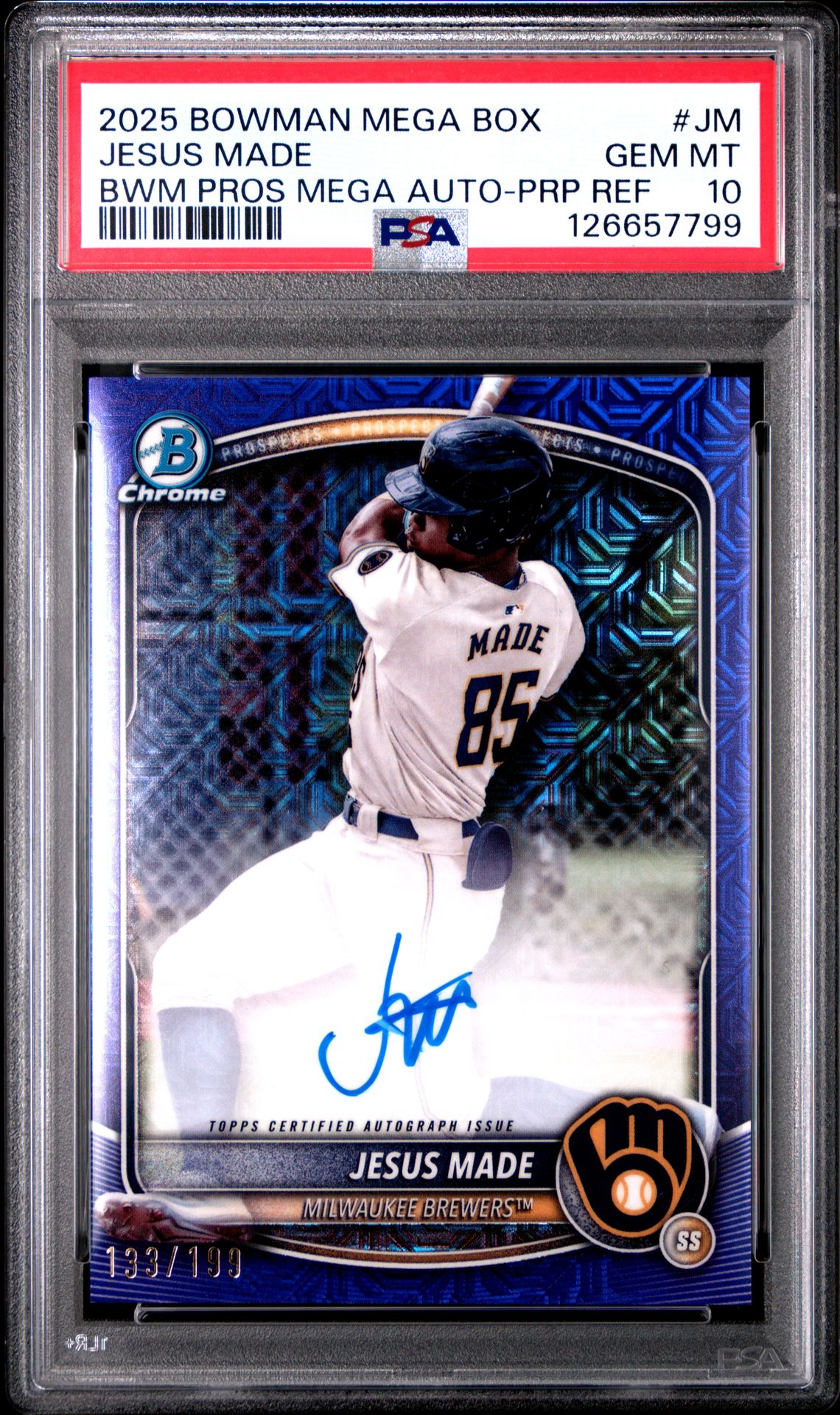 2025 Bowman Mega Box Bowman Prospect Mega Autographs Jesus Made #Jm (Bwm Pros Mega Auto-Prp Ref) Gem Mt 10 front