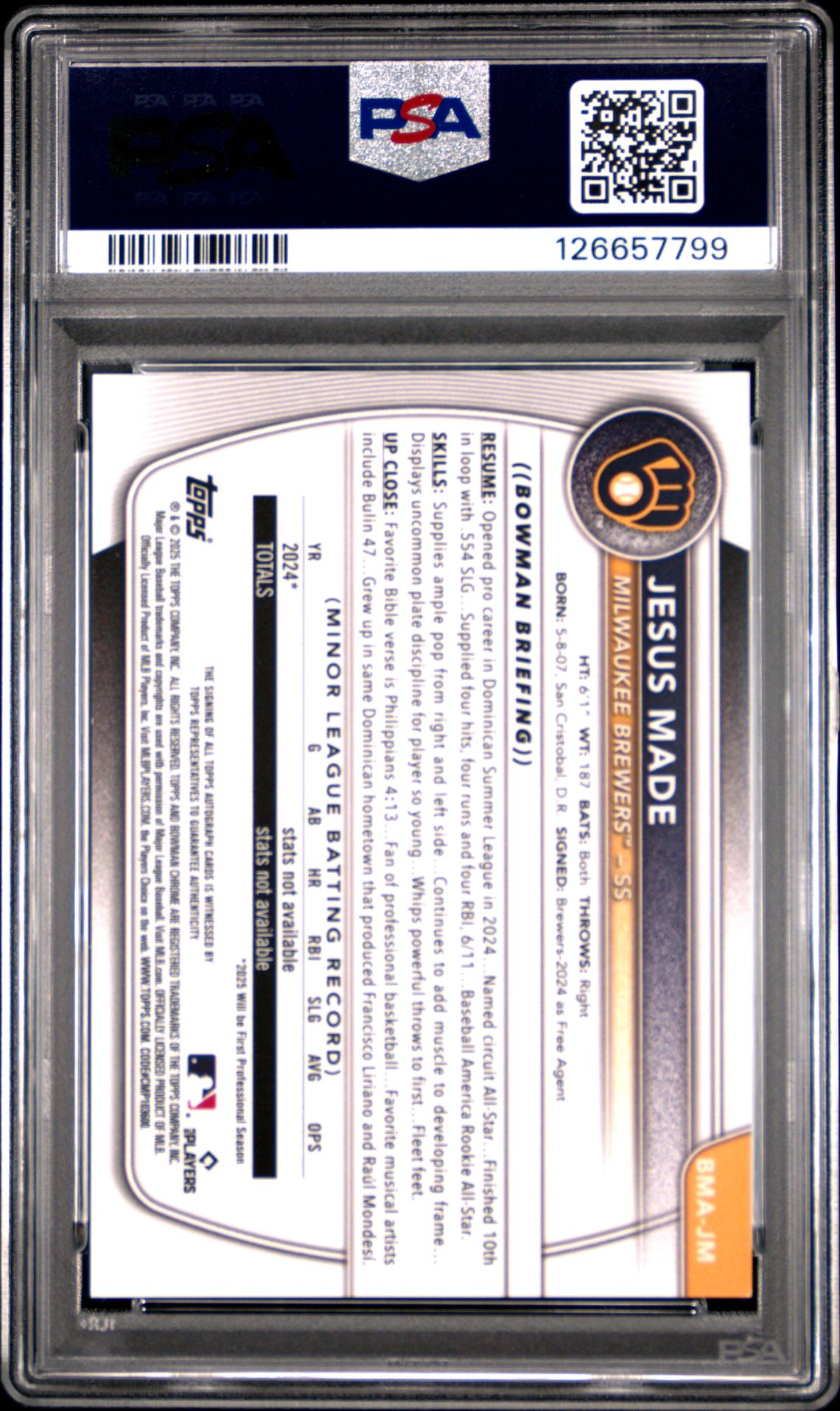 2025 Bowman Mega Box Bowman Prospect Mega Autographs Jesus Made #Jm (Bwm Pros Mega Auto-Prp Ref) Gem Mt 10 back