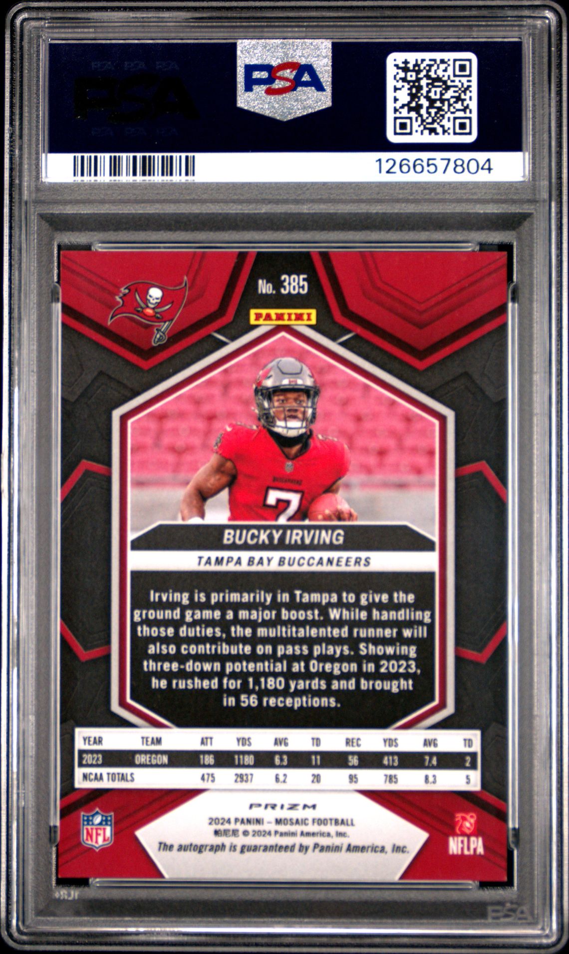 2024 Panini Mosaic Bucky Irving #385 (Auto-Fusion Red & Ylw Choice) Gem Mt 10 back