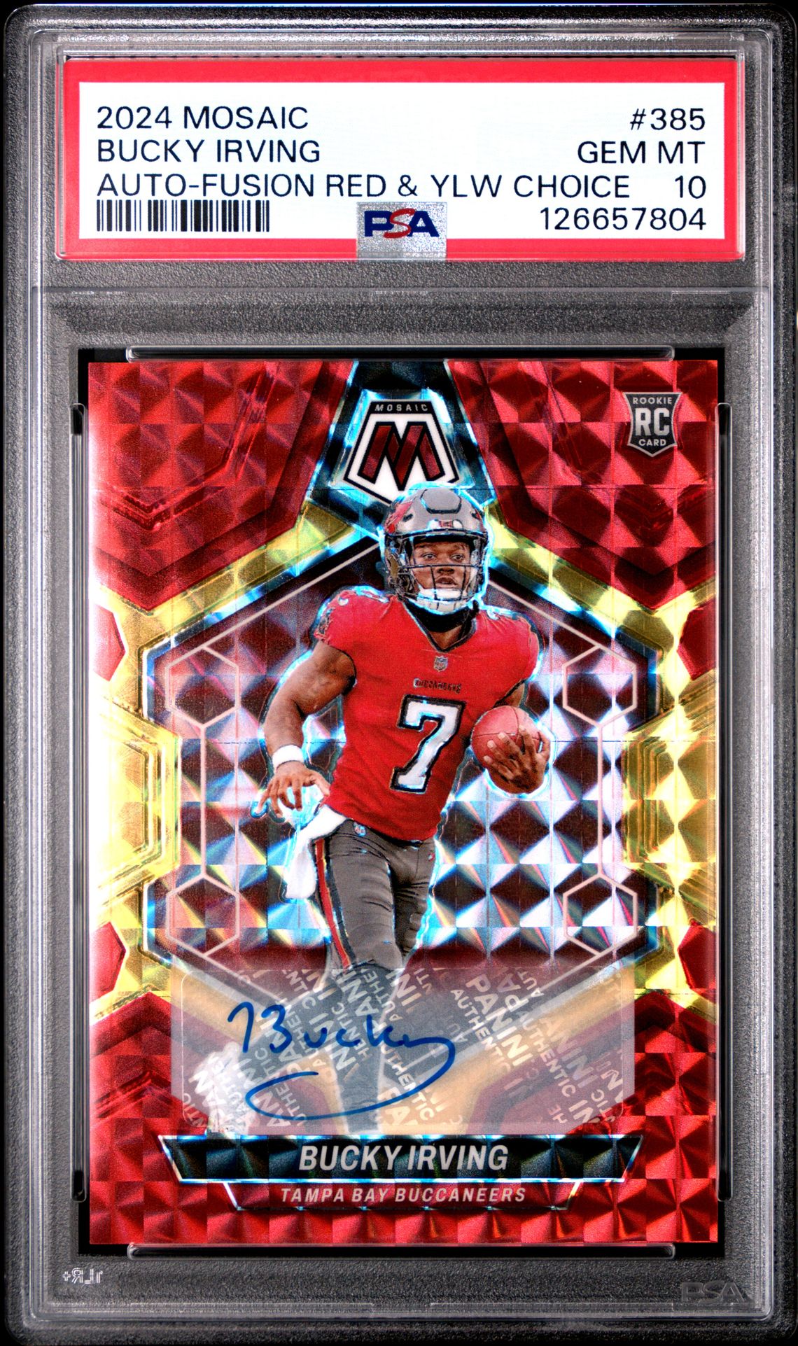 2024 Panini Mosaic Bucky Irving #385 (Auto-Fusion Red & Ylw Choice) Gem Mt 10 front