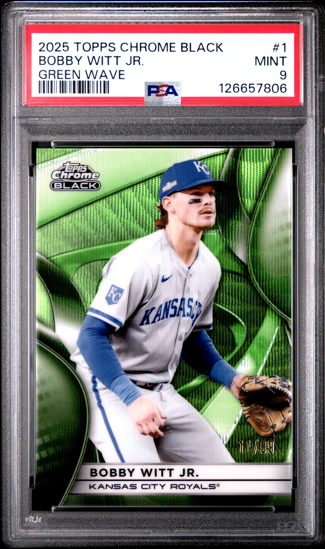 2025 Topps Chrome Black Bobby Witt Jr. #1 (Green Wave) Mint 9 front