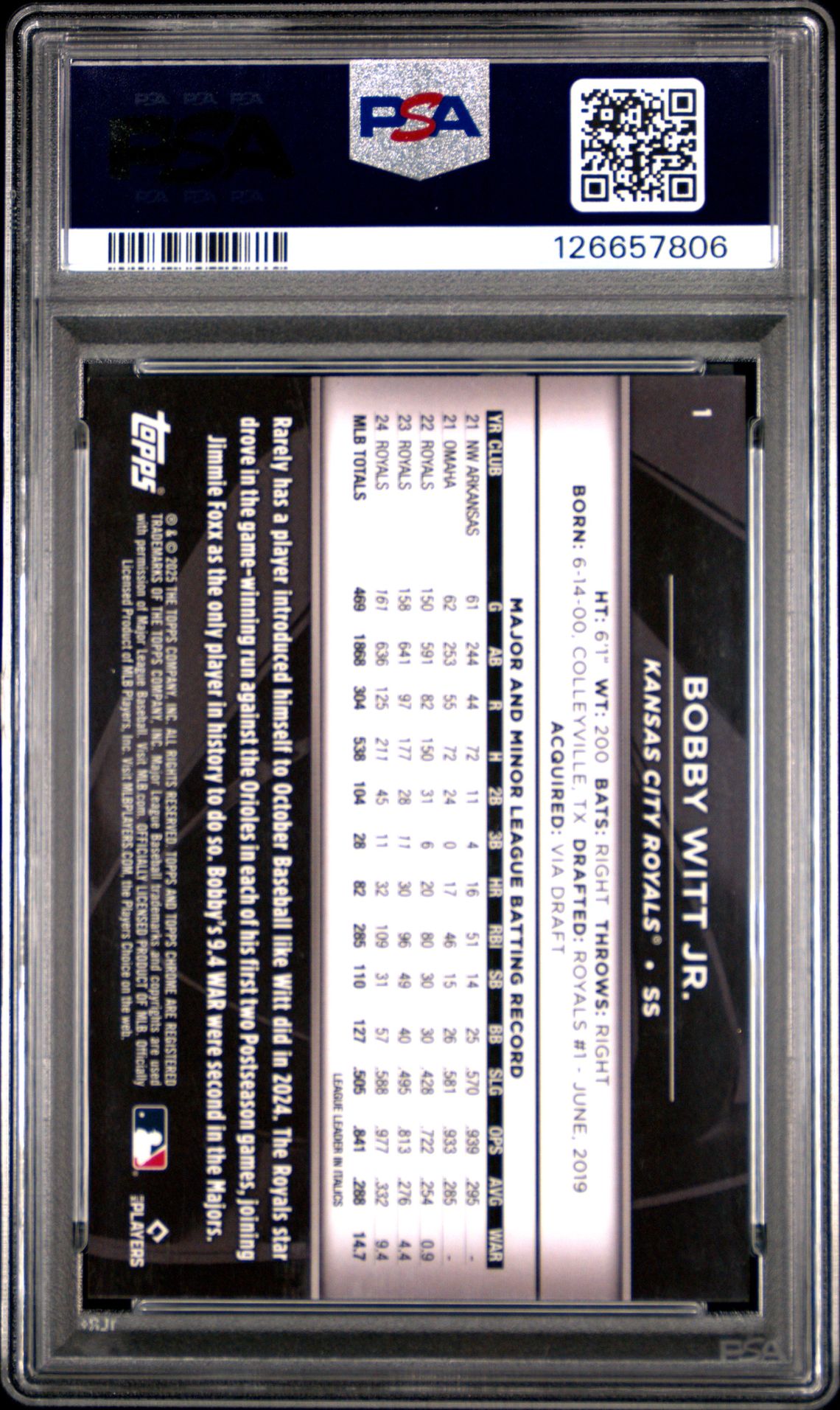 2025 Topps Chrome Black Bobby Witt Jr. #1 (Green Wave) Mint 9 back