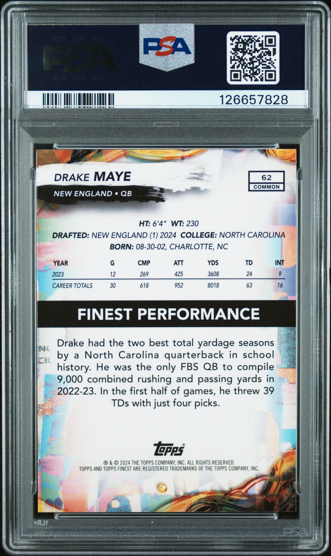 2024 Topps Finest Drake Maye #62 (Checkerboard) Mint 9 back