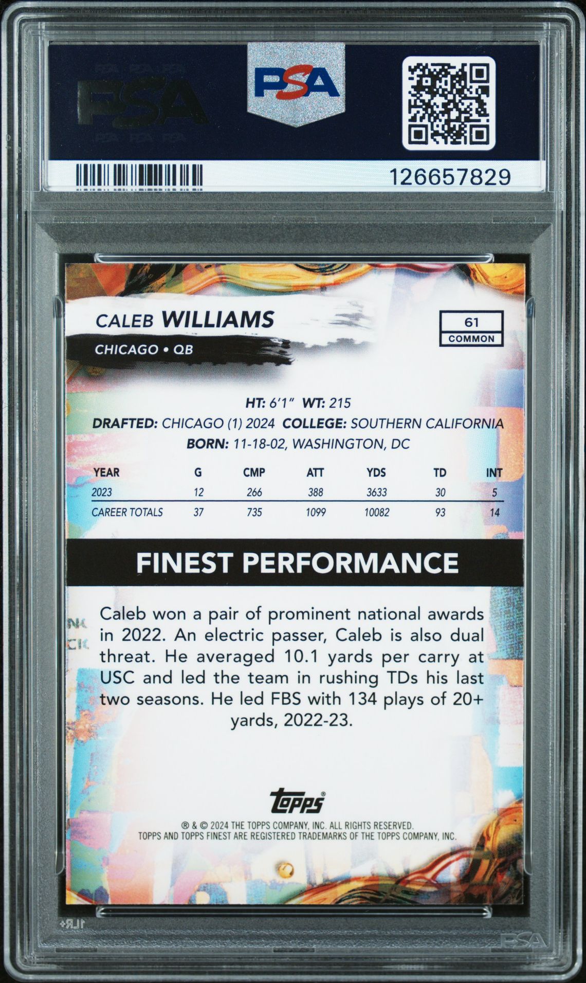 2024 Topps Finest Caleb Williams #61 (Checkerboard) Mint 9 back