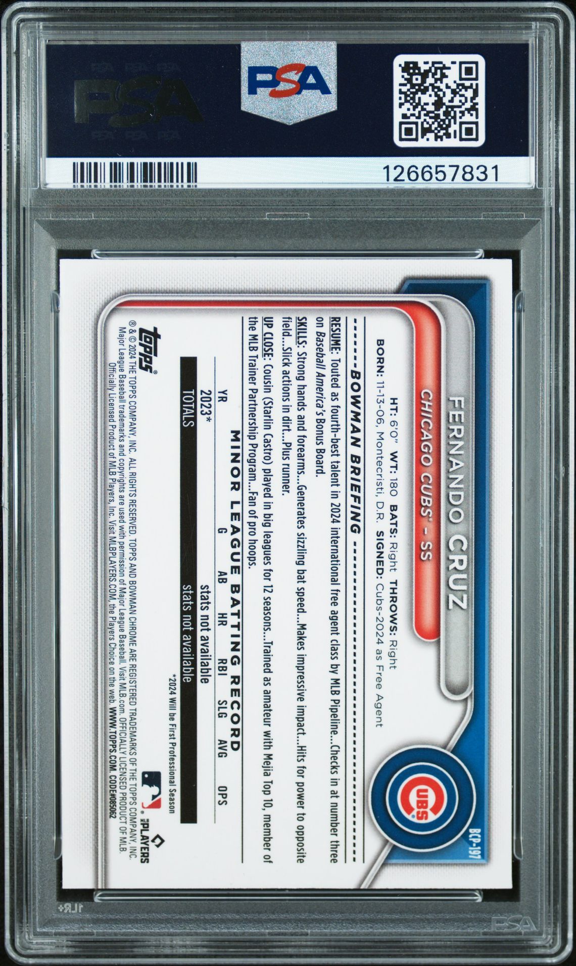 2024 Bowman Chrome Prospects Fernando Cruz #Bcp197 (Prospects-Purple Ref) Nm-Mt 8 back