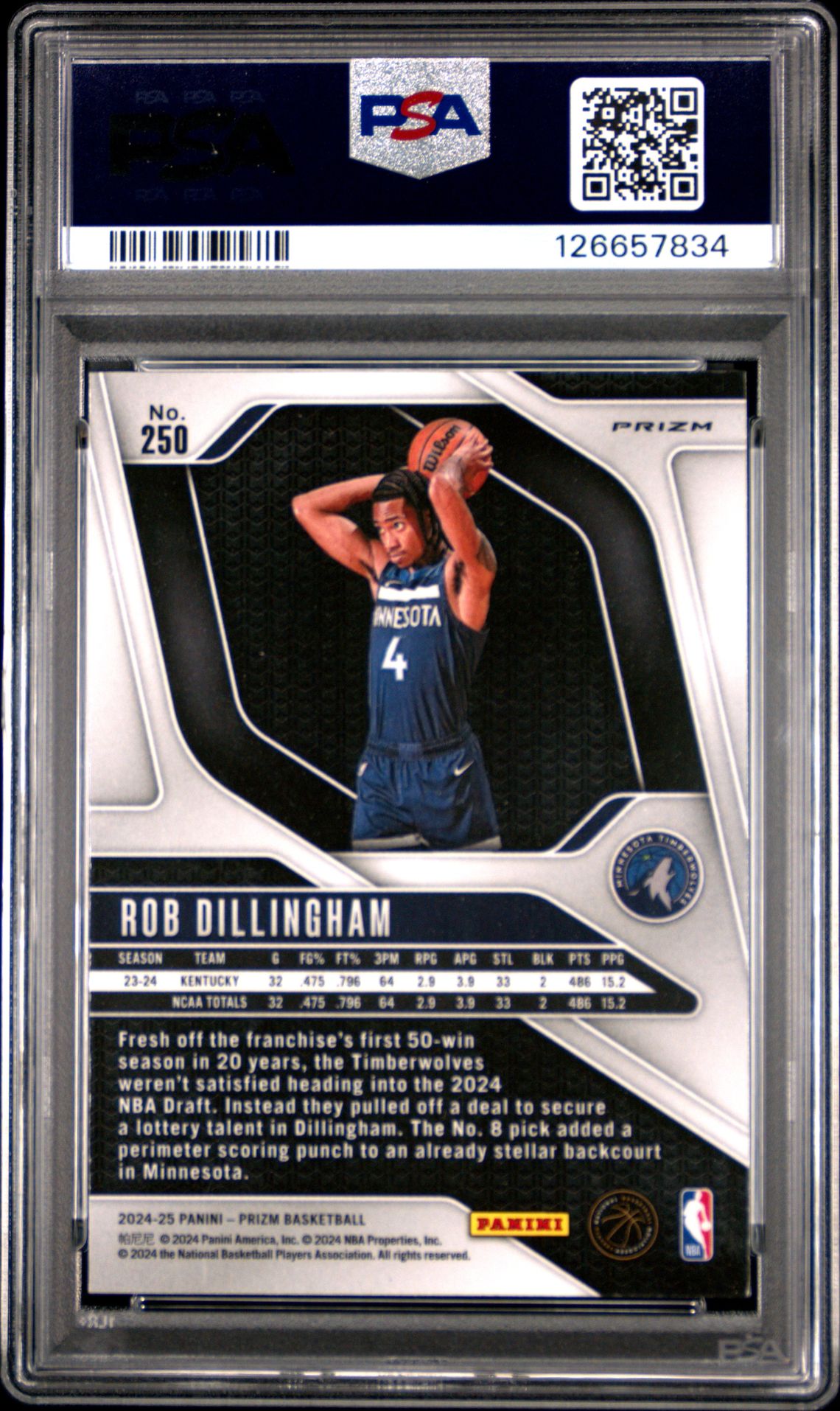 2024 Panini Prizm Rob Dillingham #250 (Silver Prizm) Mint 9 back